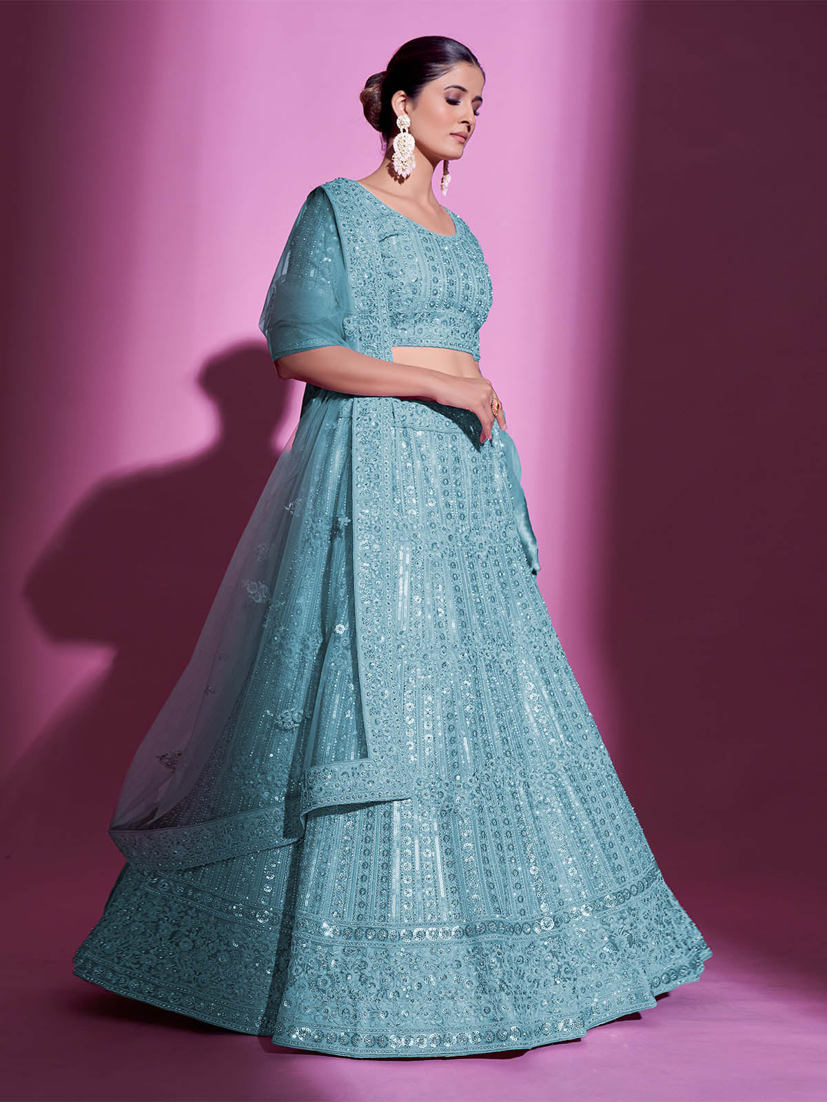 Blue Net Embroidered Semi Stitched Lehenga With Unstitched Blouse
