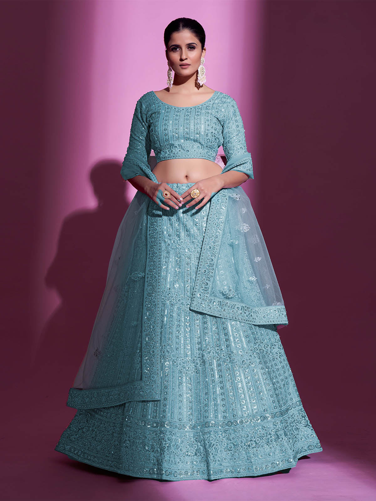 Blue Net Embroidered Semi Stitched Lehenga With Unstitched Blouse