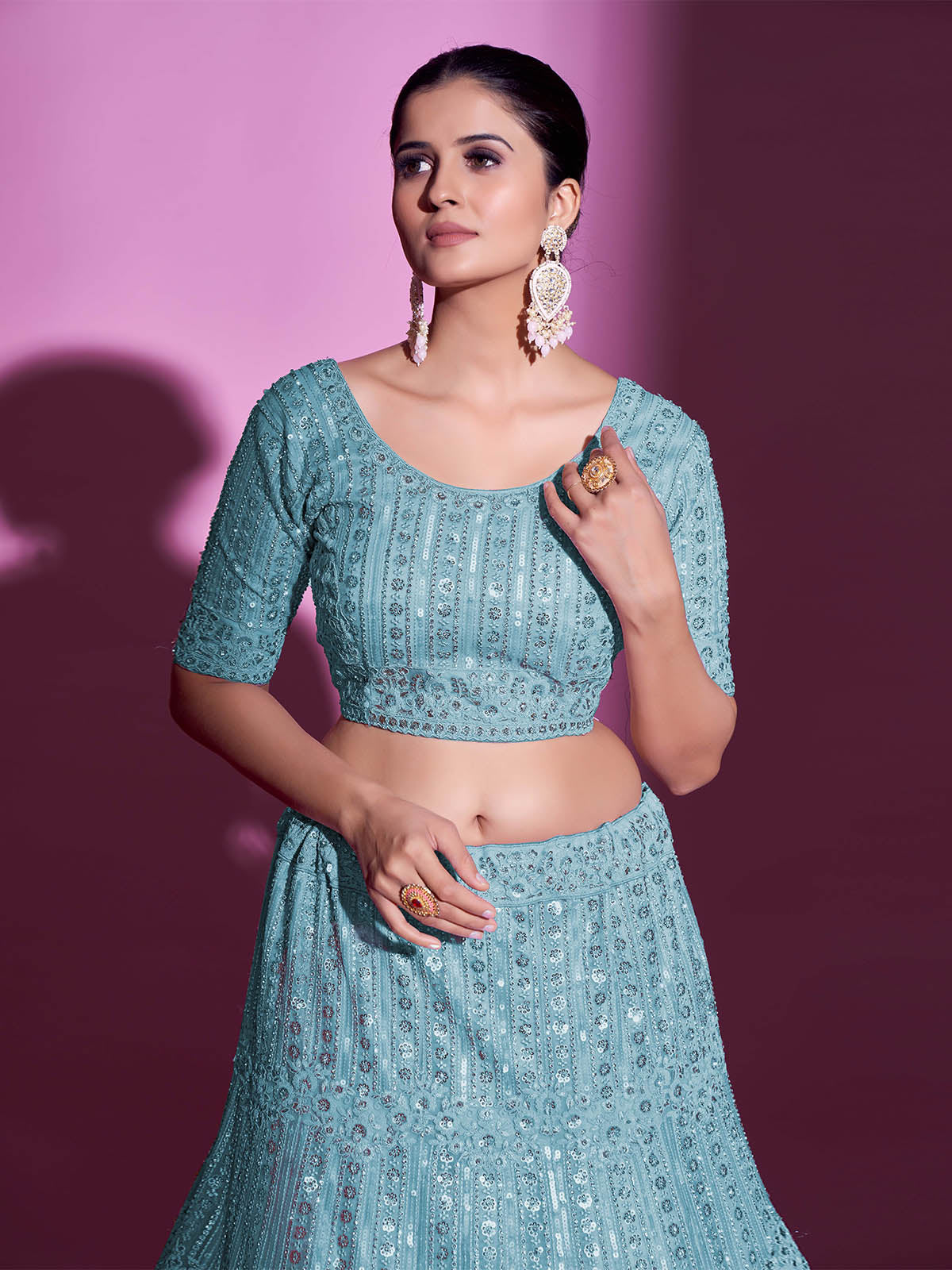 Blue Net Embroidered Semi Stitched Lehenga With Unstitched Blouse