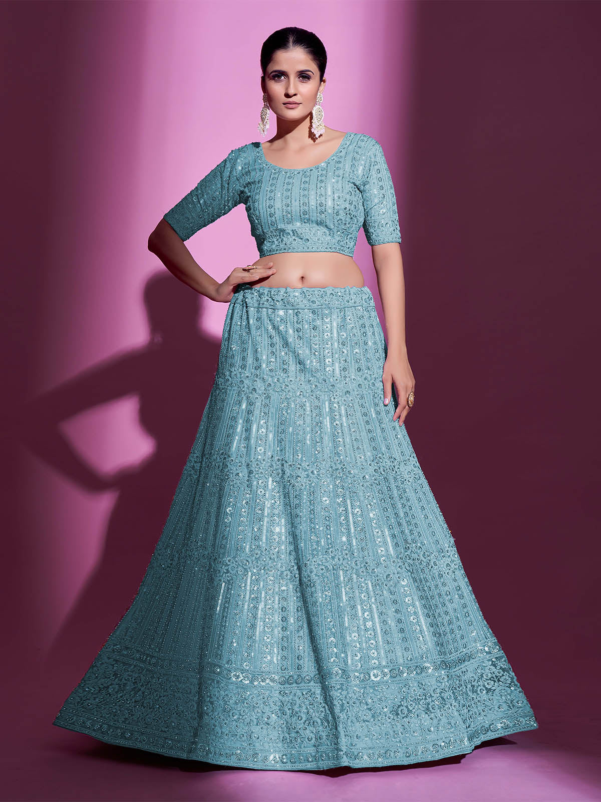 Blue Net Embroidered Semi Stitched Lehenga With Unstitched Blouse