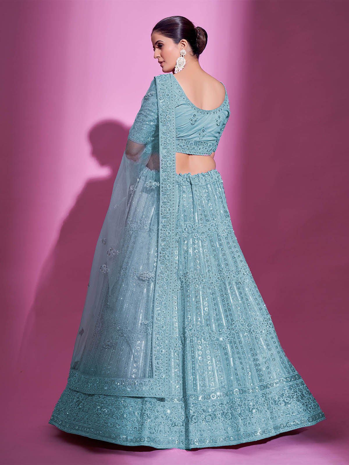 Blue Net Embroidered Semi Stitched Lehenga With Unstitched Blouse