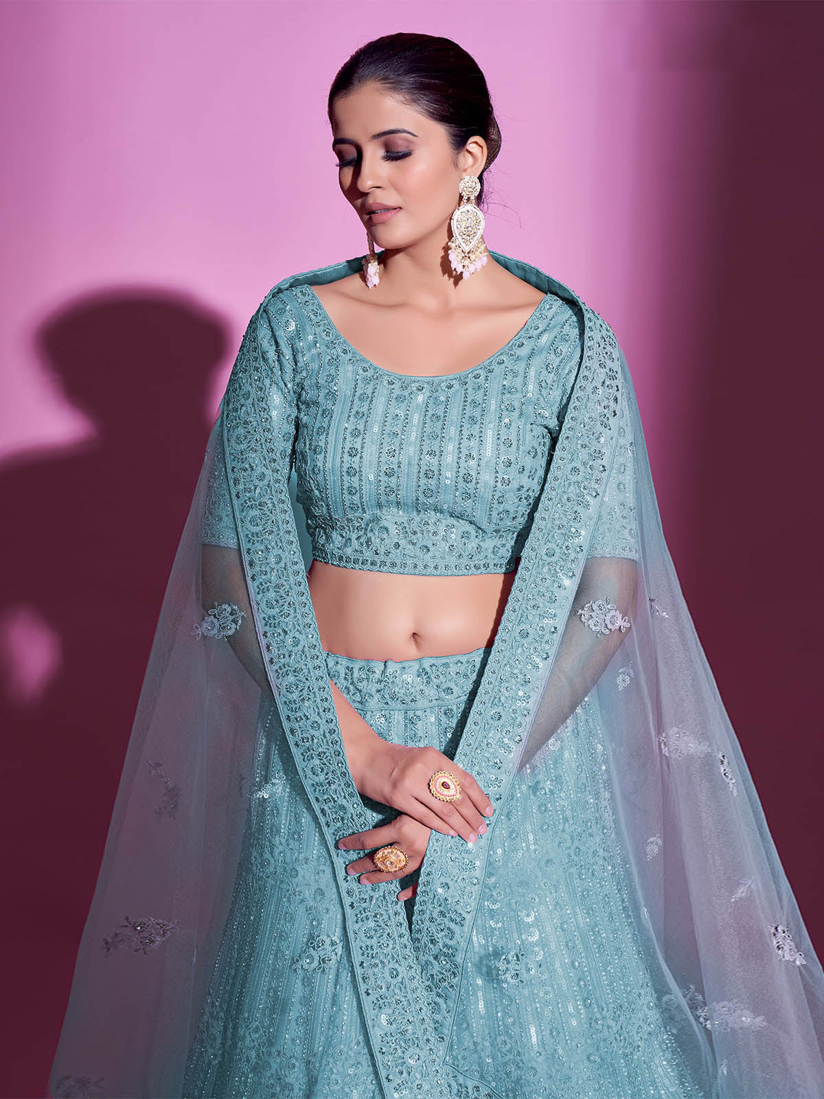 Blue Net Embroidered Semi Stitched Lehenga With Unstitched Blouse