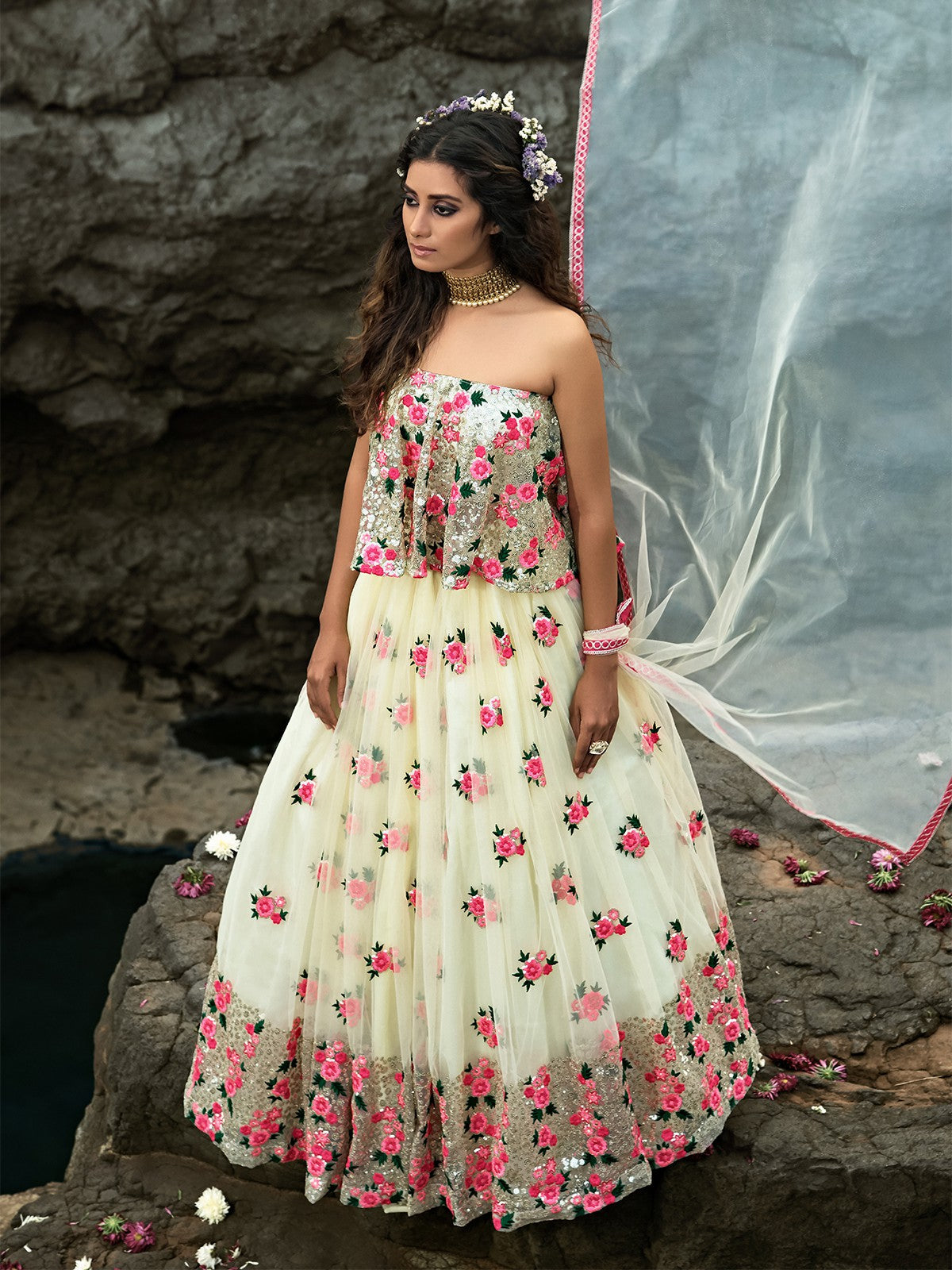 Designer White Semi Stitched Lehenga With Unstitched Blouse