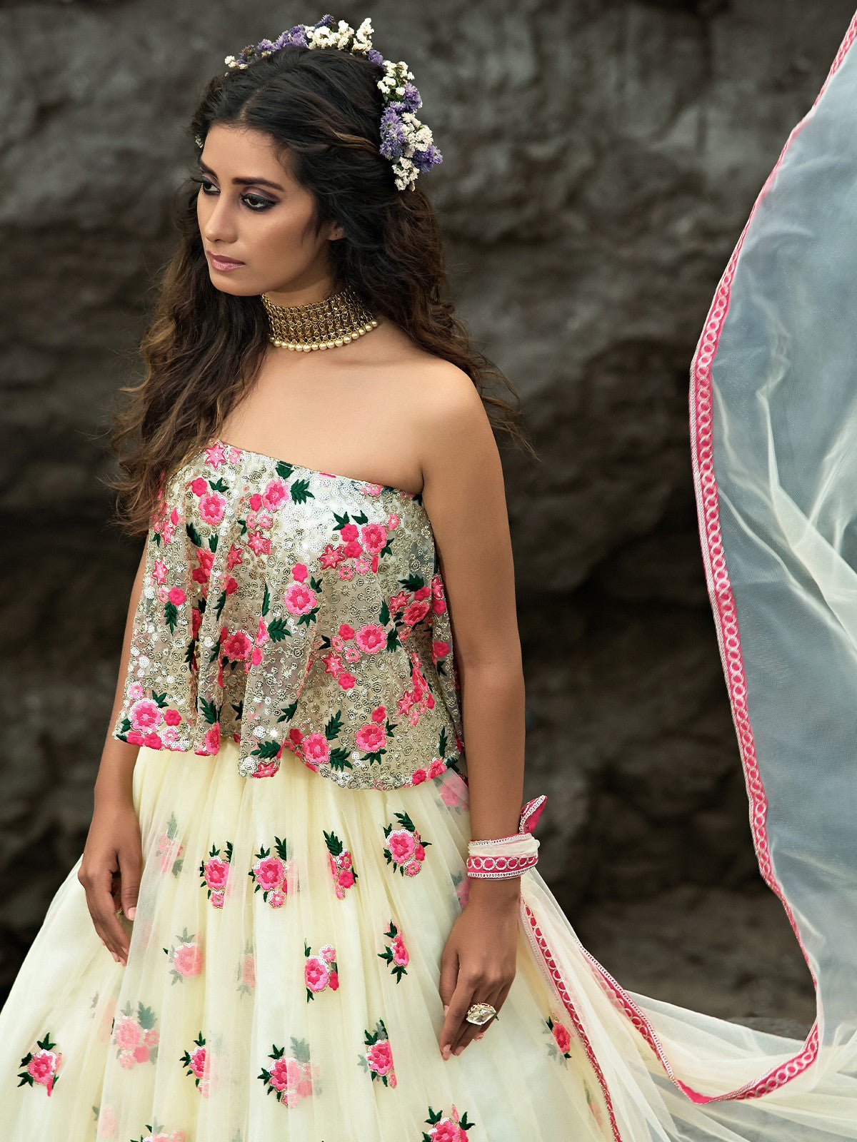 Designer White Semi Stitched Lehenga With Unstitched Blouse