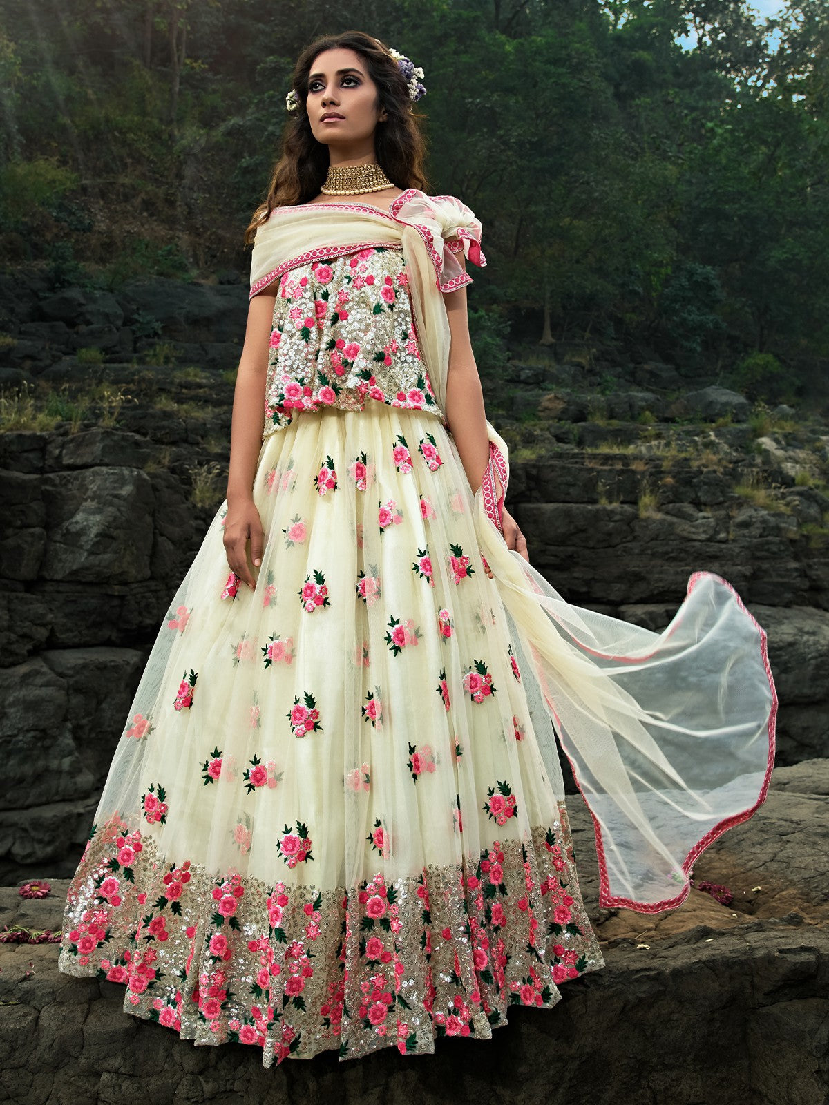 Designer White Semi Stitched Lehenga With Unstitched Blouse