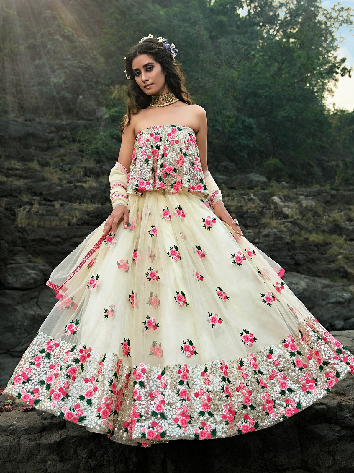 Designer White Semi Stitched Lehenga With Unstitched Blouse