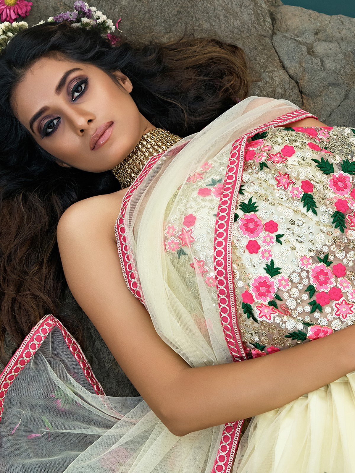Designer White Semi Stitched Lehenga With Unstitched Blouse