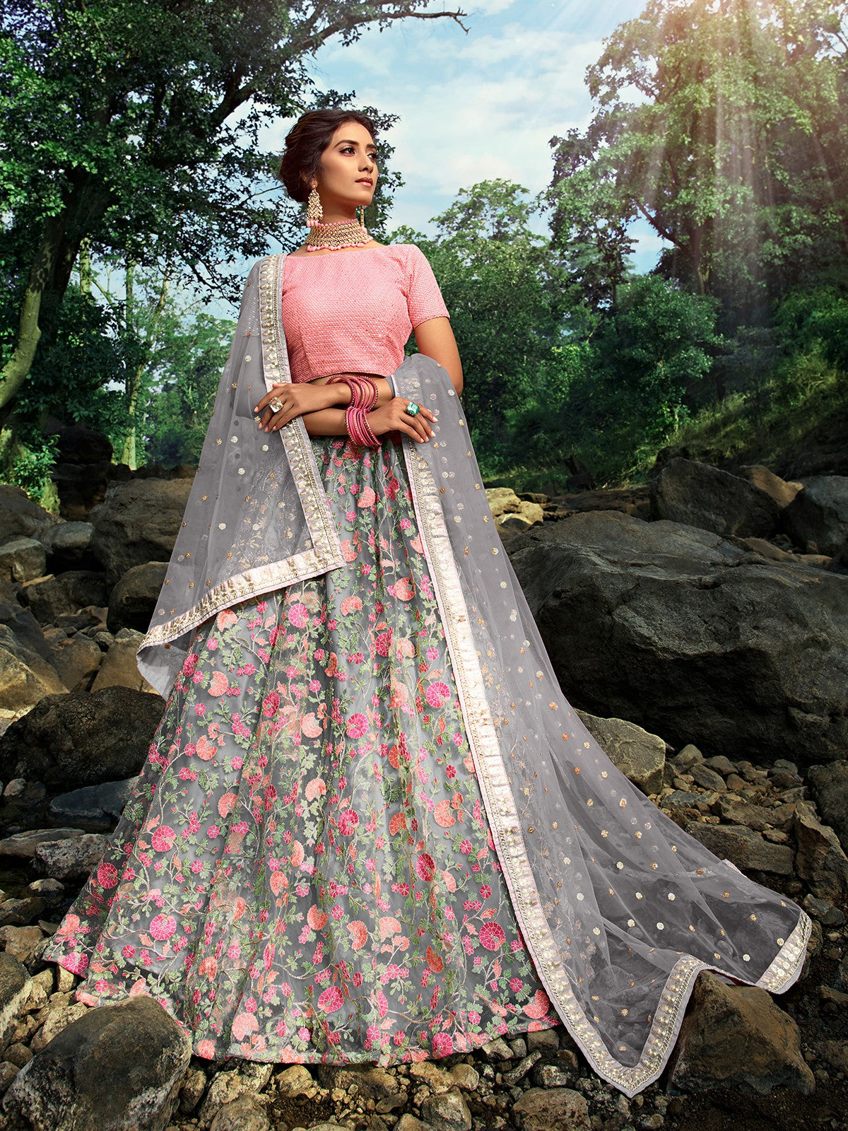 Grey Designer Semi Stitched Lehenga With Unstitched Blouse