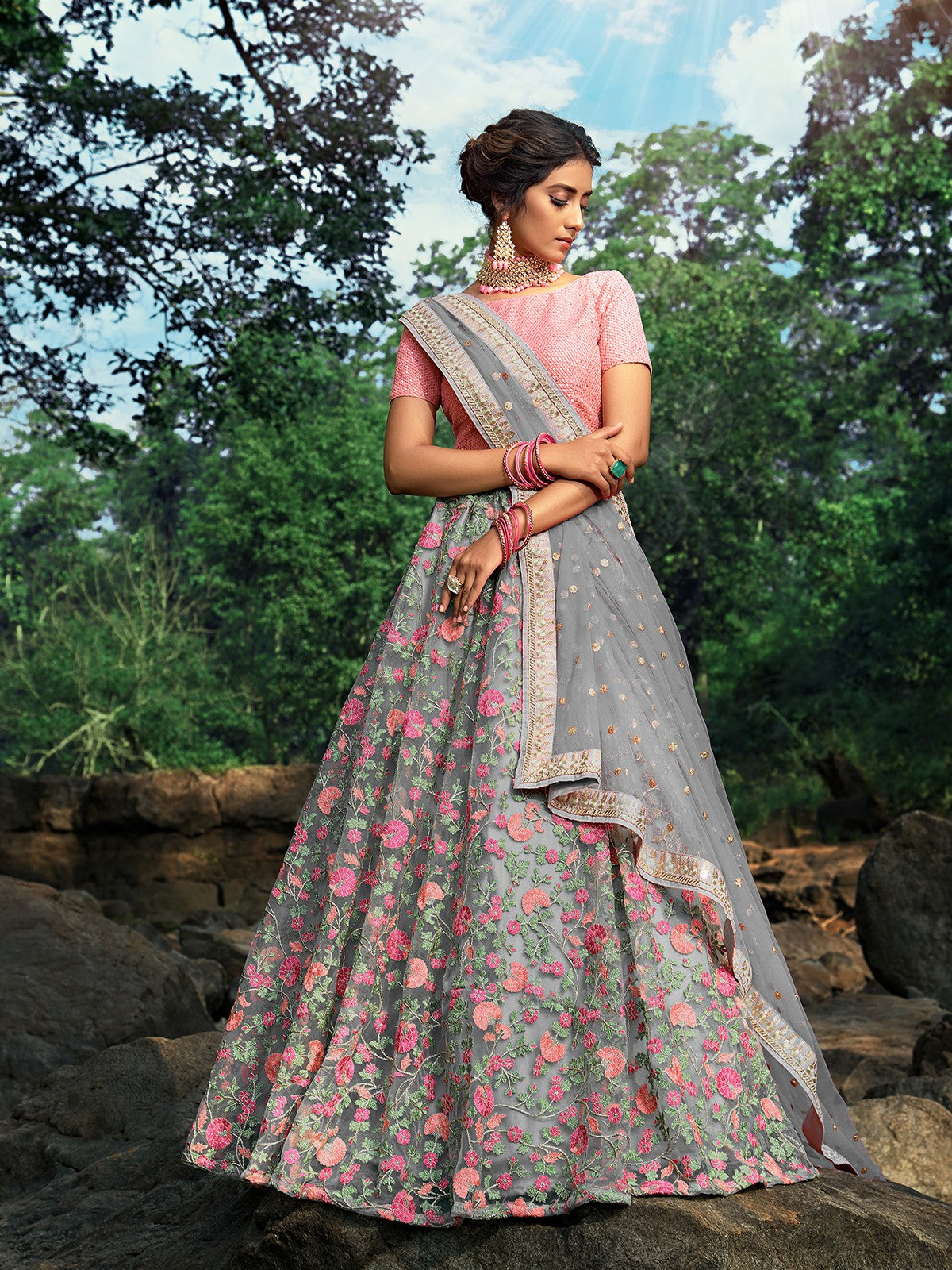Grey Designer Semi Stitched Lehenga With Unstitched Blouse