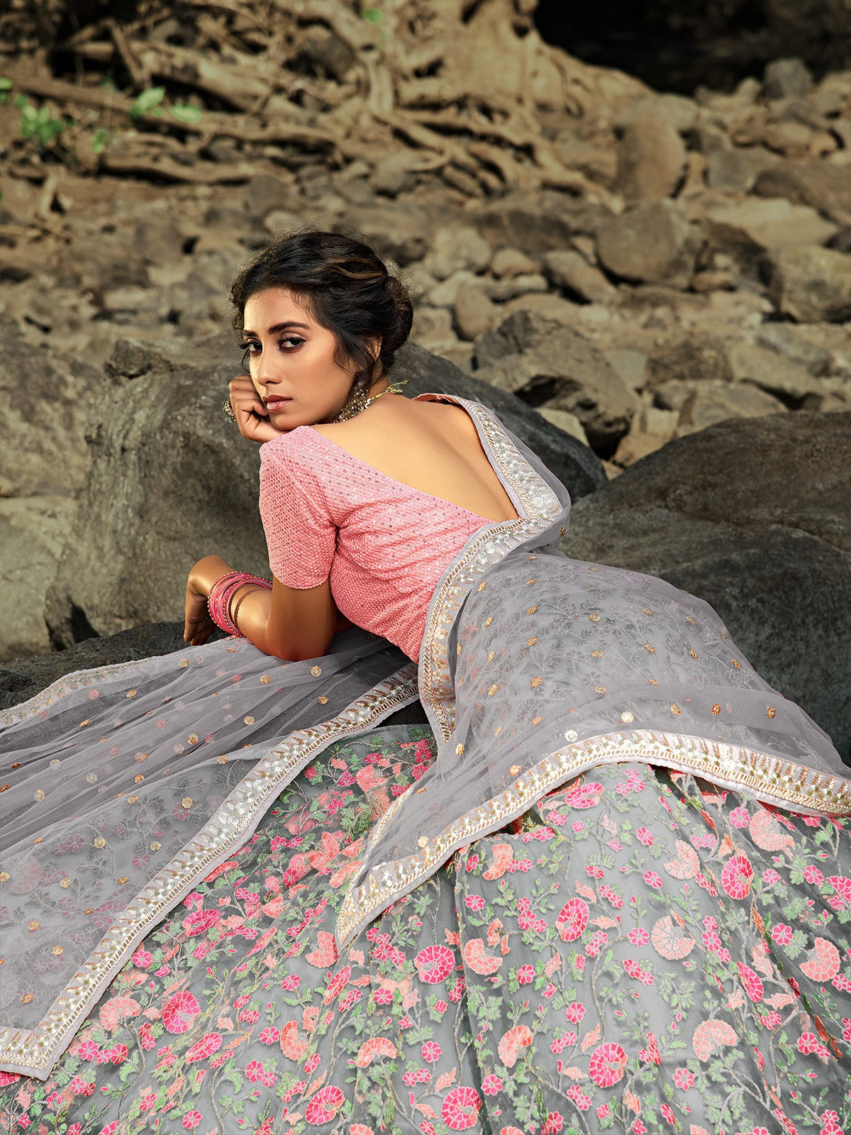 Grey Designer Semi Stitched Lehenga With Unstitched Blouse