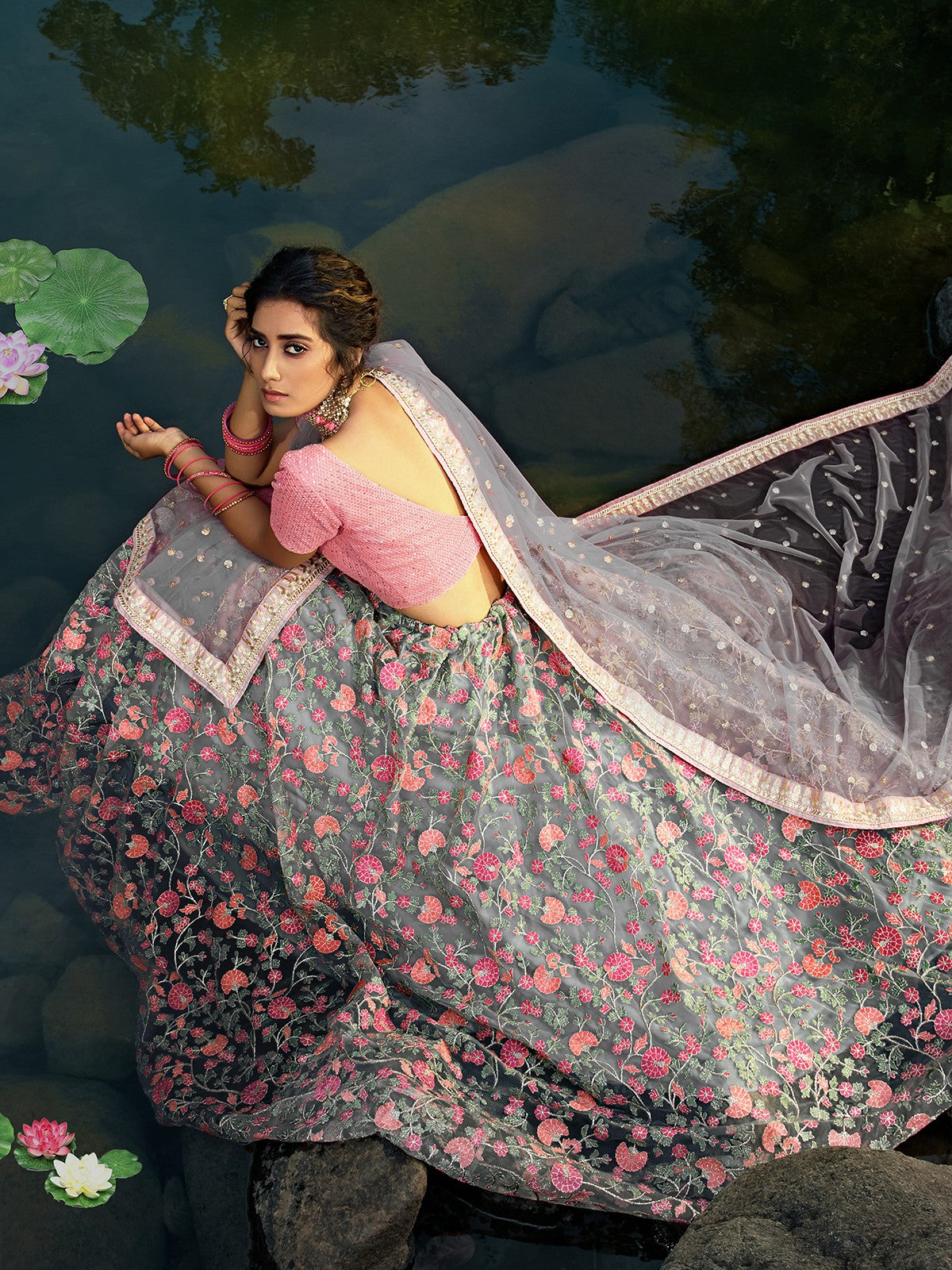 Grey Designer Semi Stitched Lehenga With Unstitched Blouse