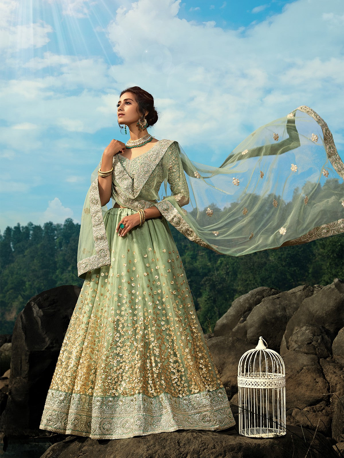 Green Sequins Sassy Semi Stitched Lehenga With Unstitched Blouse