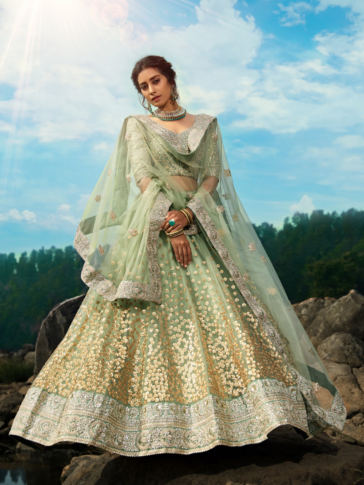 Green Sequins Sassy Semi Stitched Lehenga With Unstitched Blouse