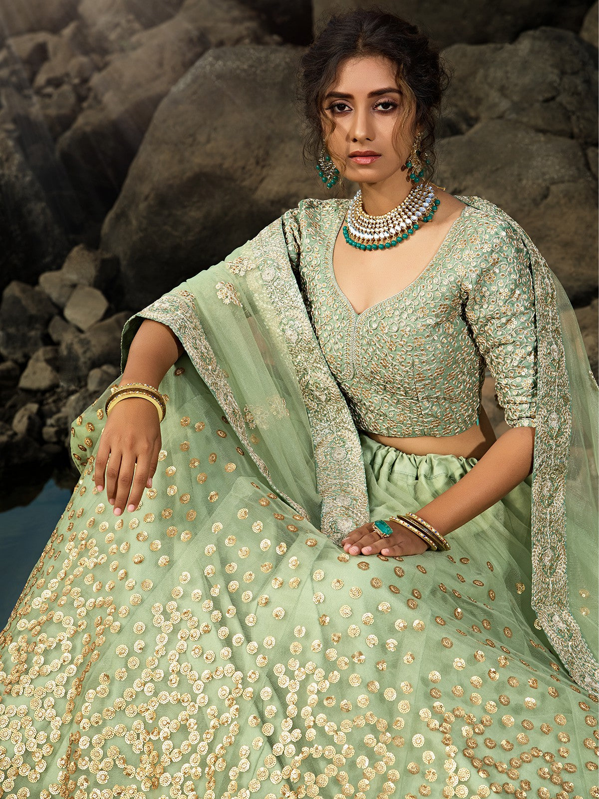 Green Sequins Sassy Semi Stitched Lehenga With Unstitched Blouse