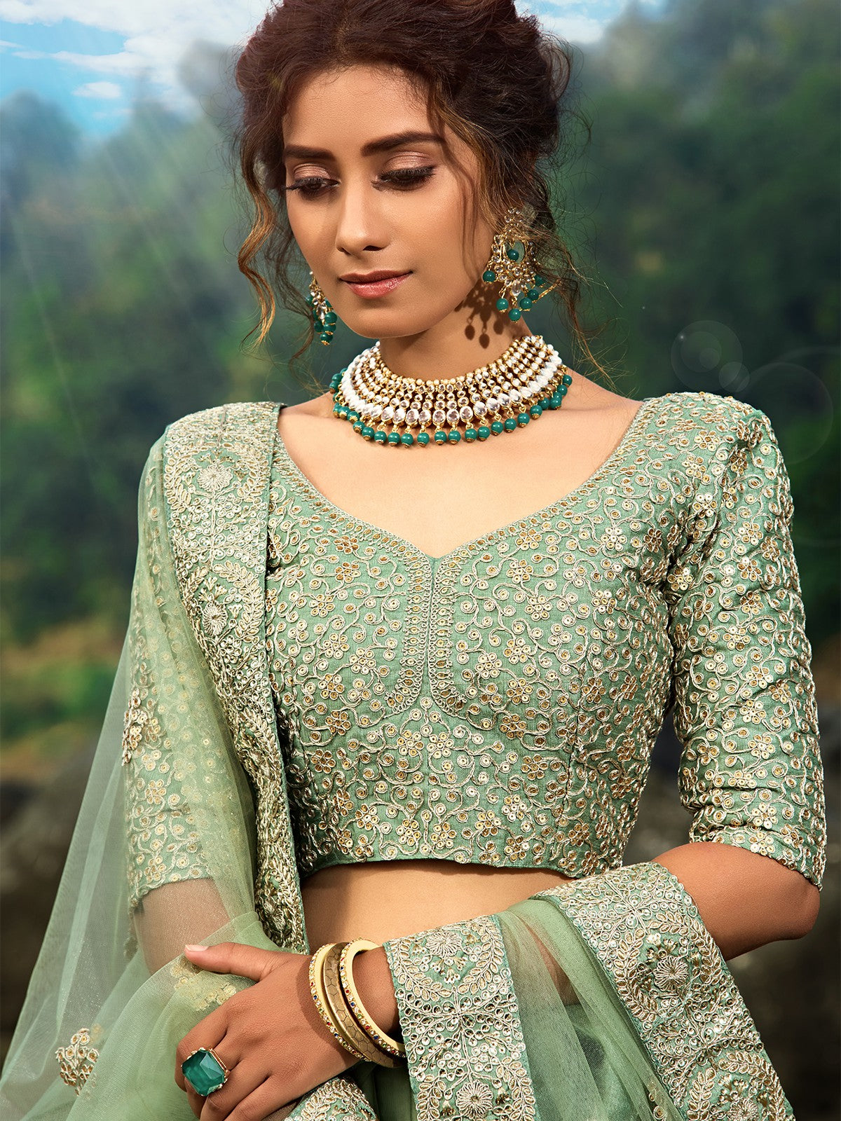 Green Sequins Sassy Semi Stitched Lehenga With Unstitched Blouse
