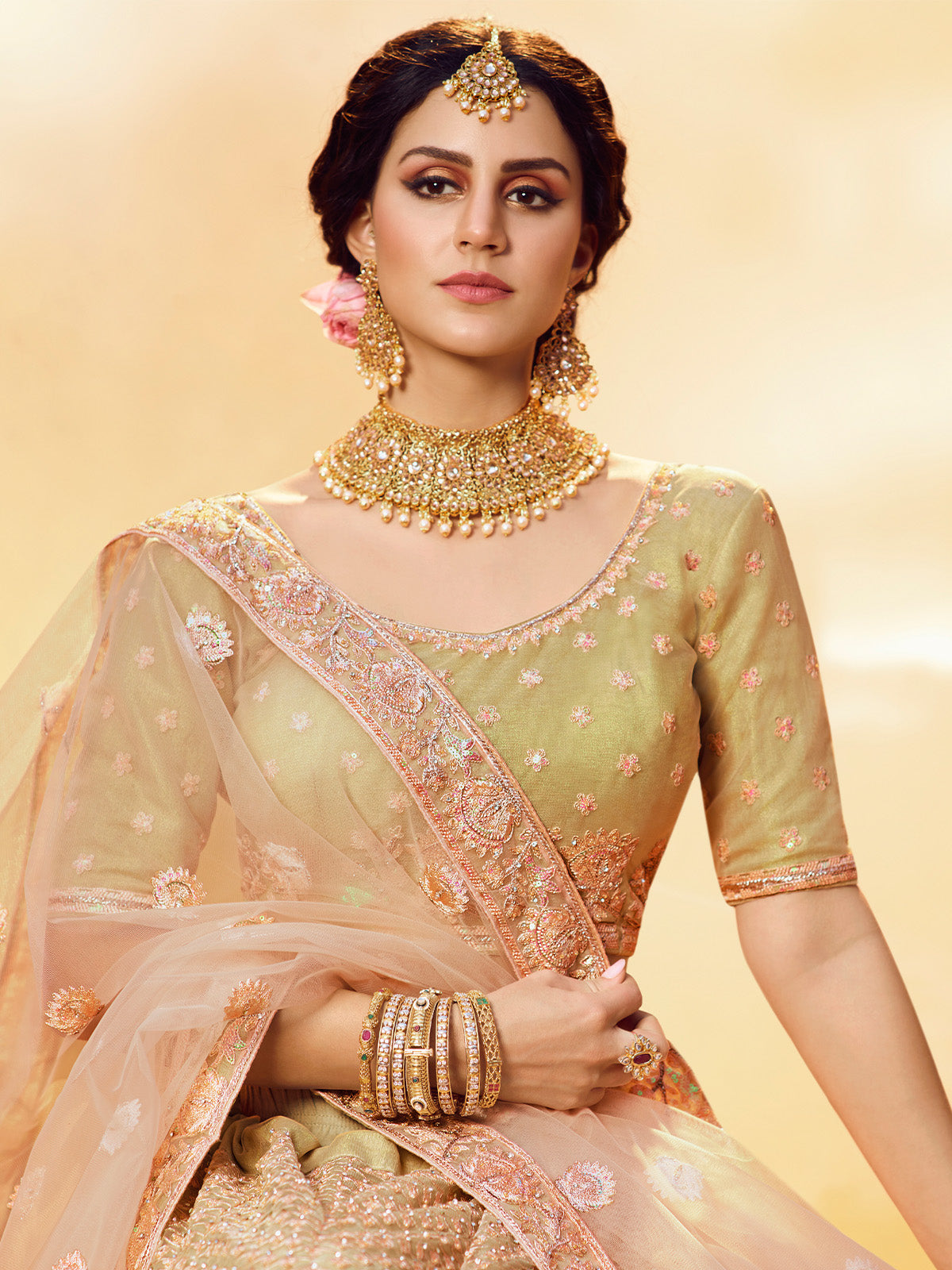 Gold Embroidered Soft Net Semi Stitched Lehenga With Unstitched Blouse