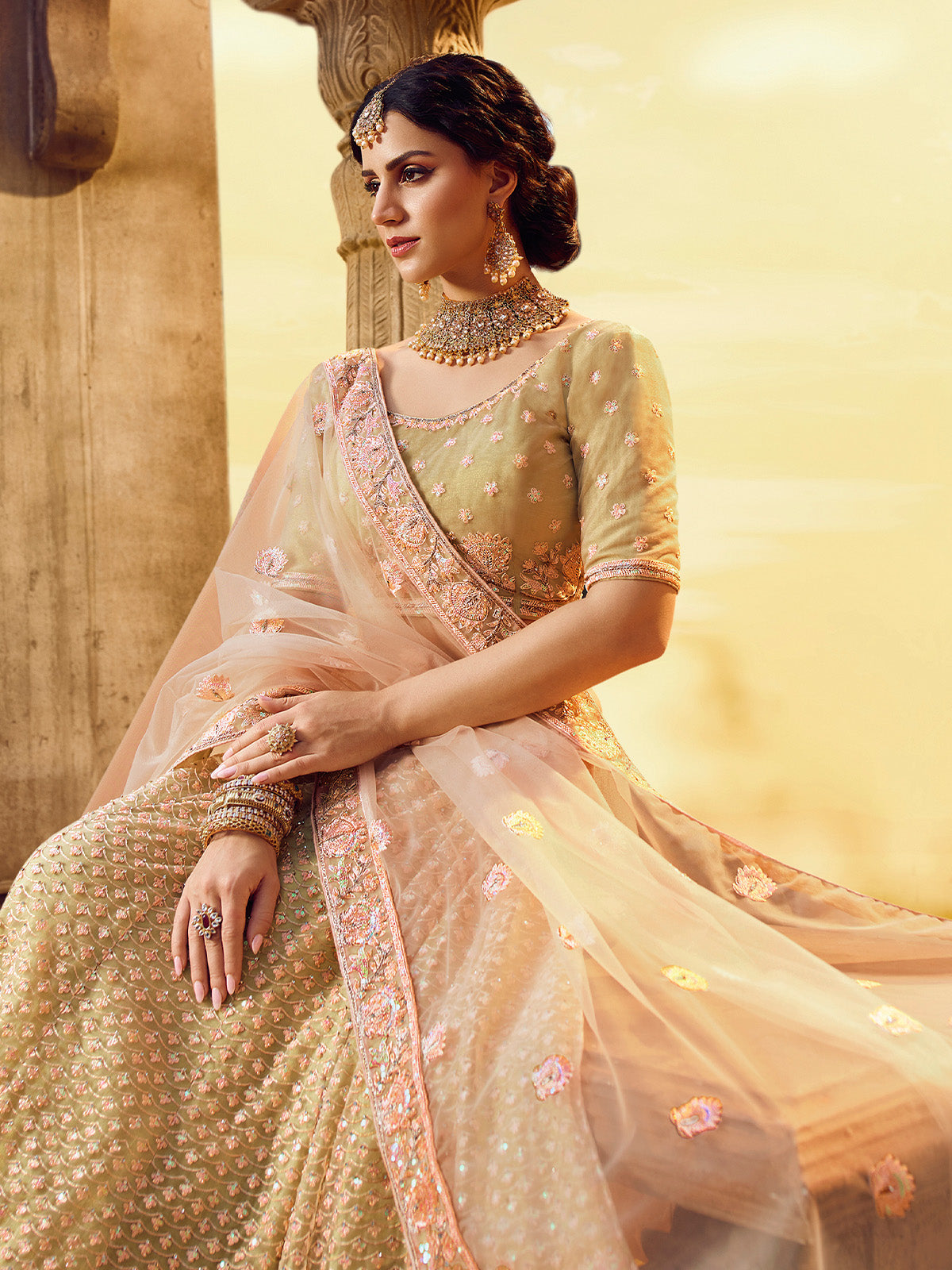 Gold Embroidered Soft Net Semi Stitched Lehenga With Unstitched Blouse