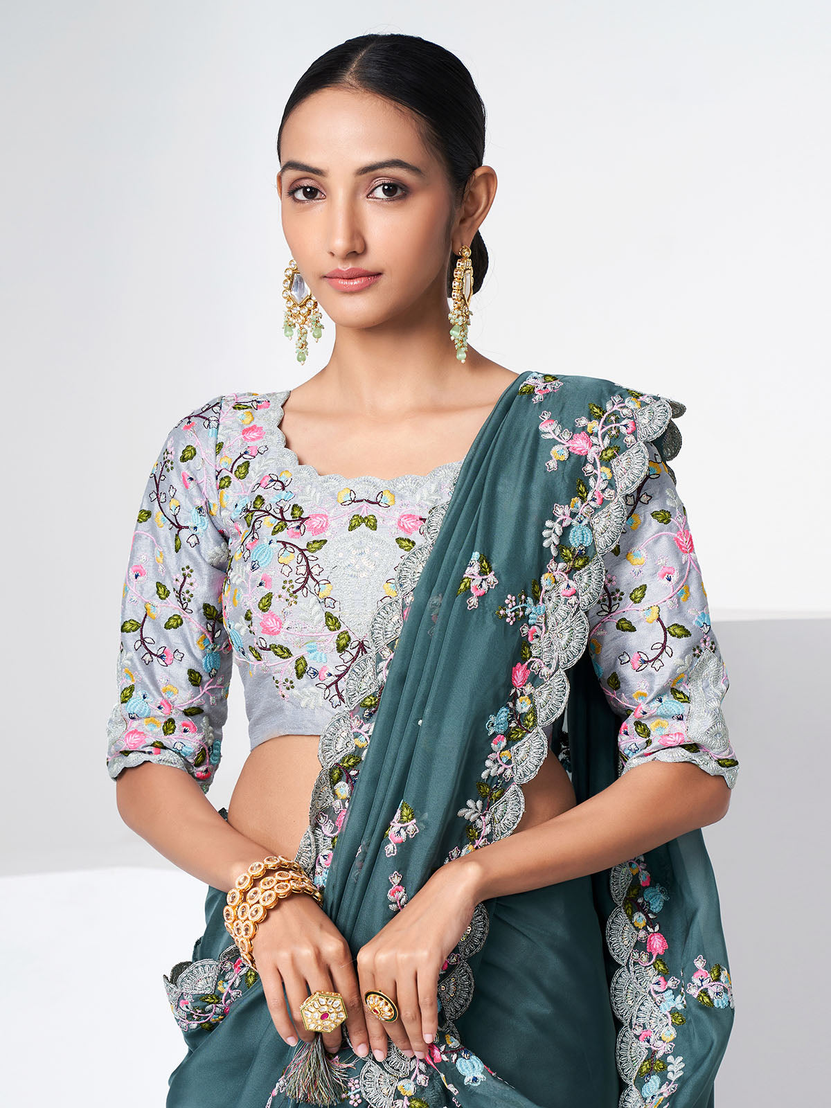 Blue Organza Saree With Unstitched Blouse