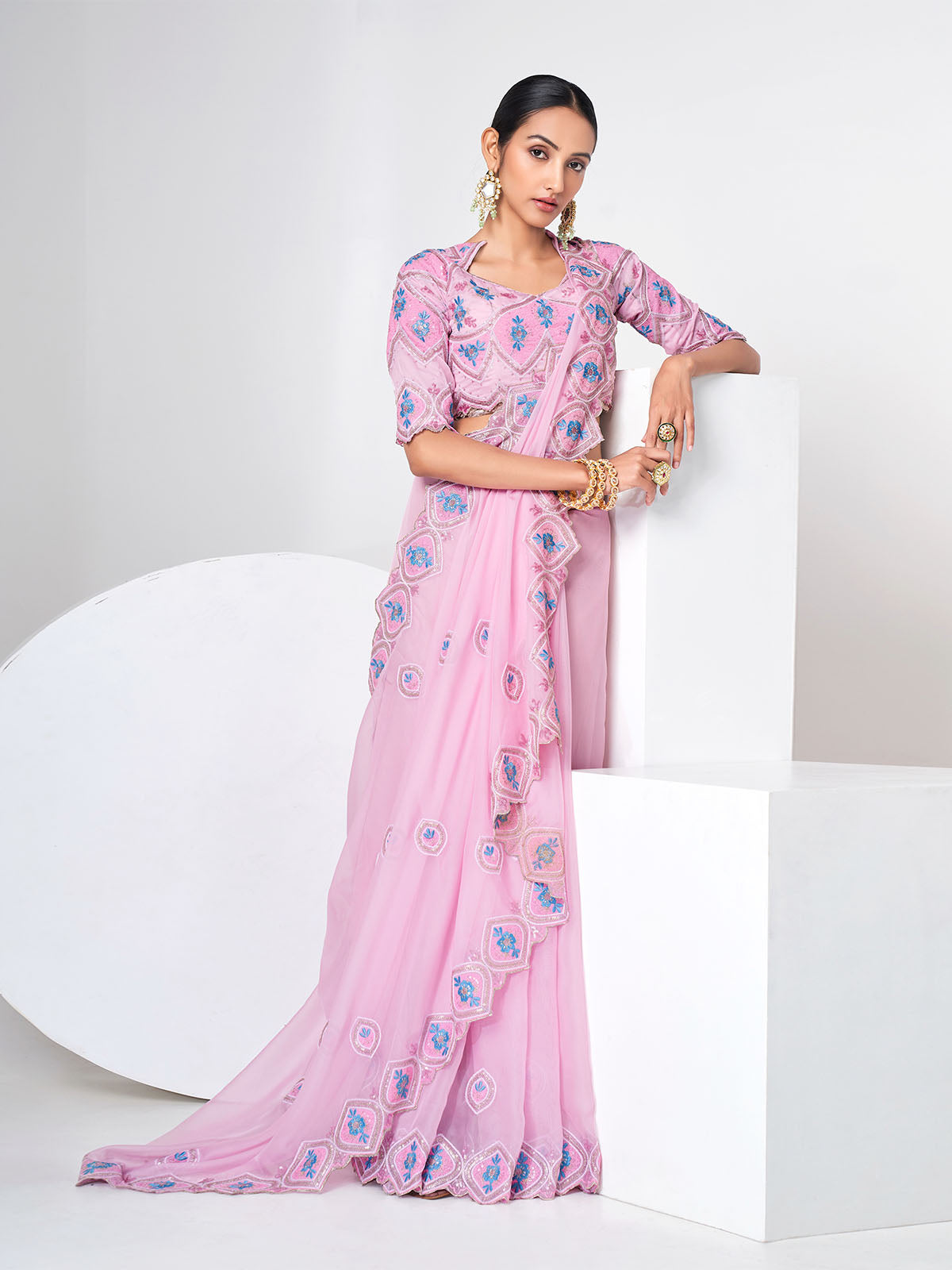 Pink Organza Saree With Unstitched Blouse