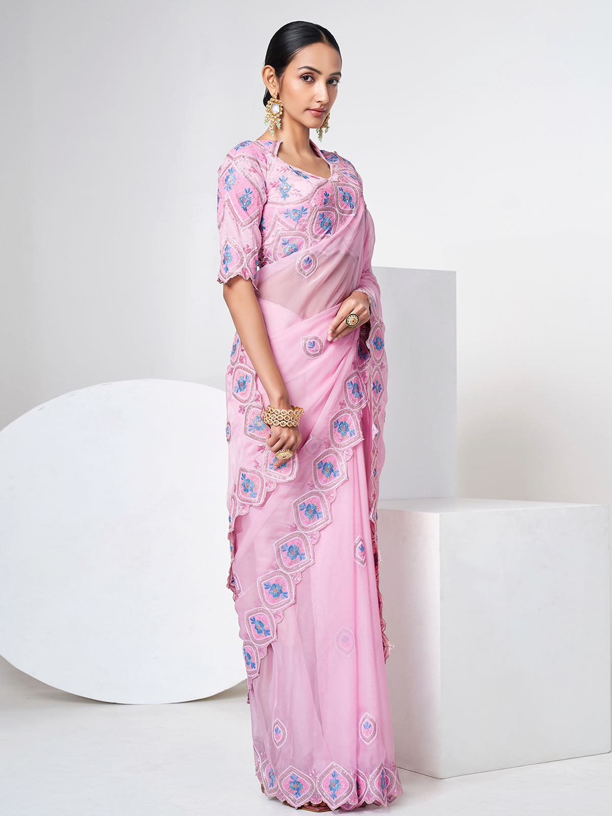 Pink Organza Saree With Unstitched Blouse
