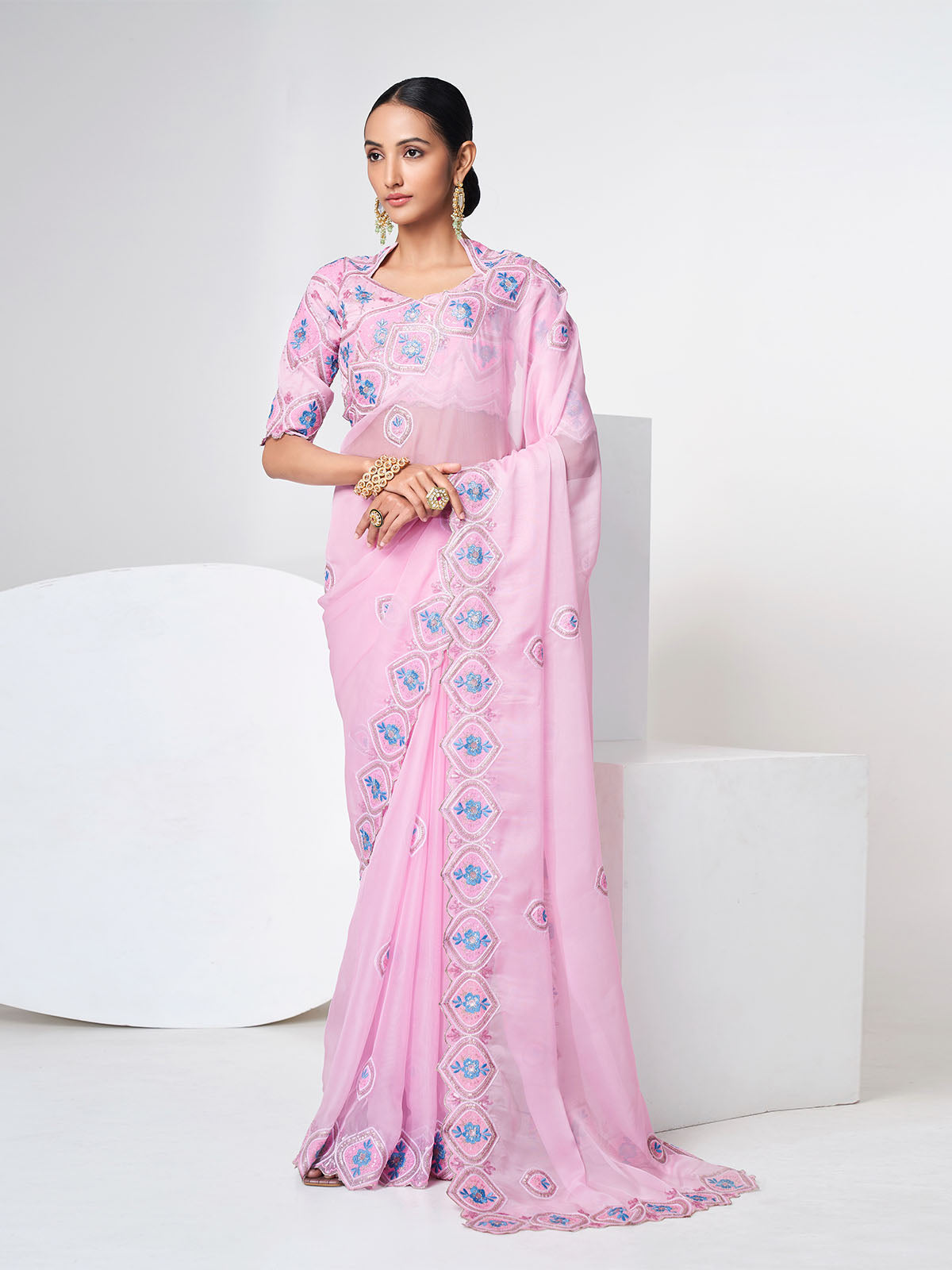 Pink Organza Saree With Unstitched Blouse