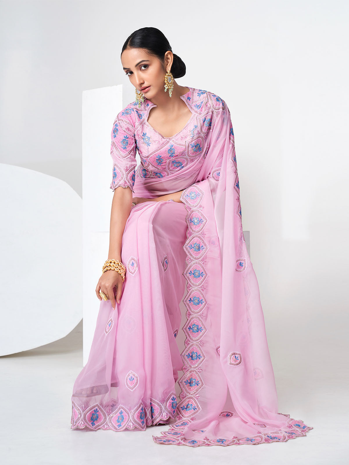 Pink Organza Saree With Unstitched Blouse
