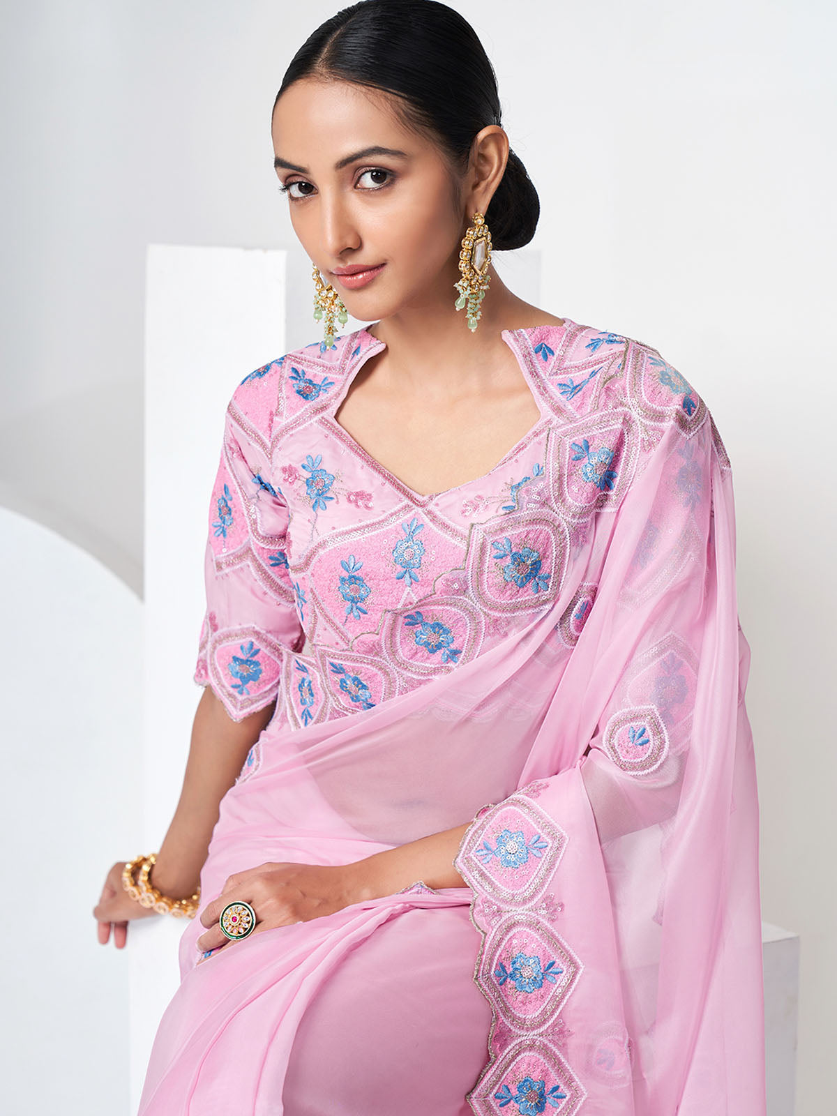Pink Organza Saree With Unstitched Blouse