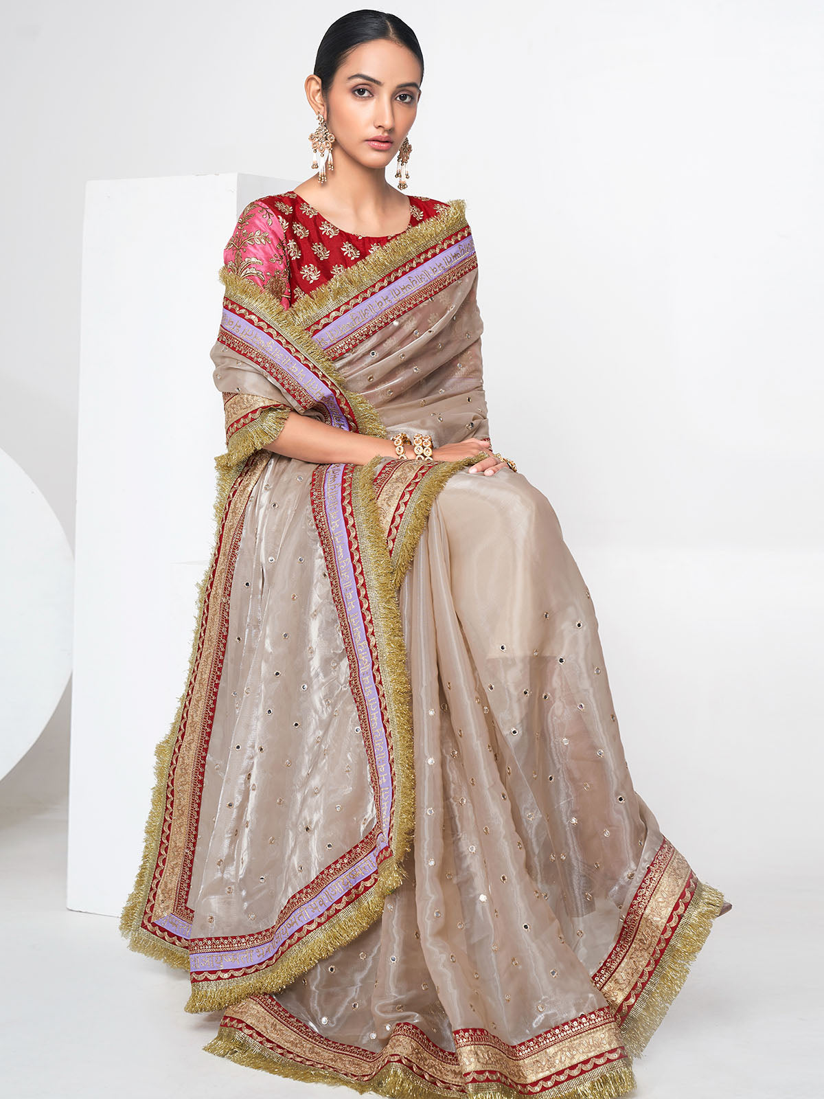 Beige Organza Saree With Unstitched Blouse