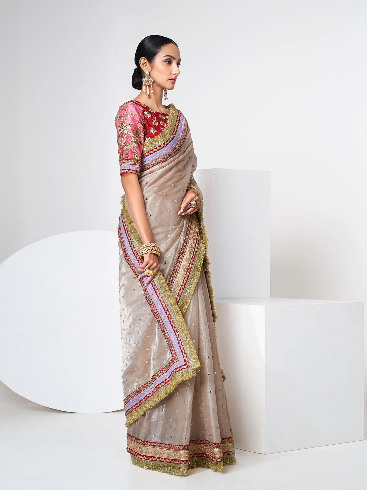 Beige Organza Saree With Unstitched Blouse