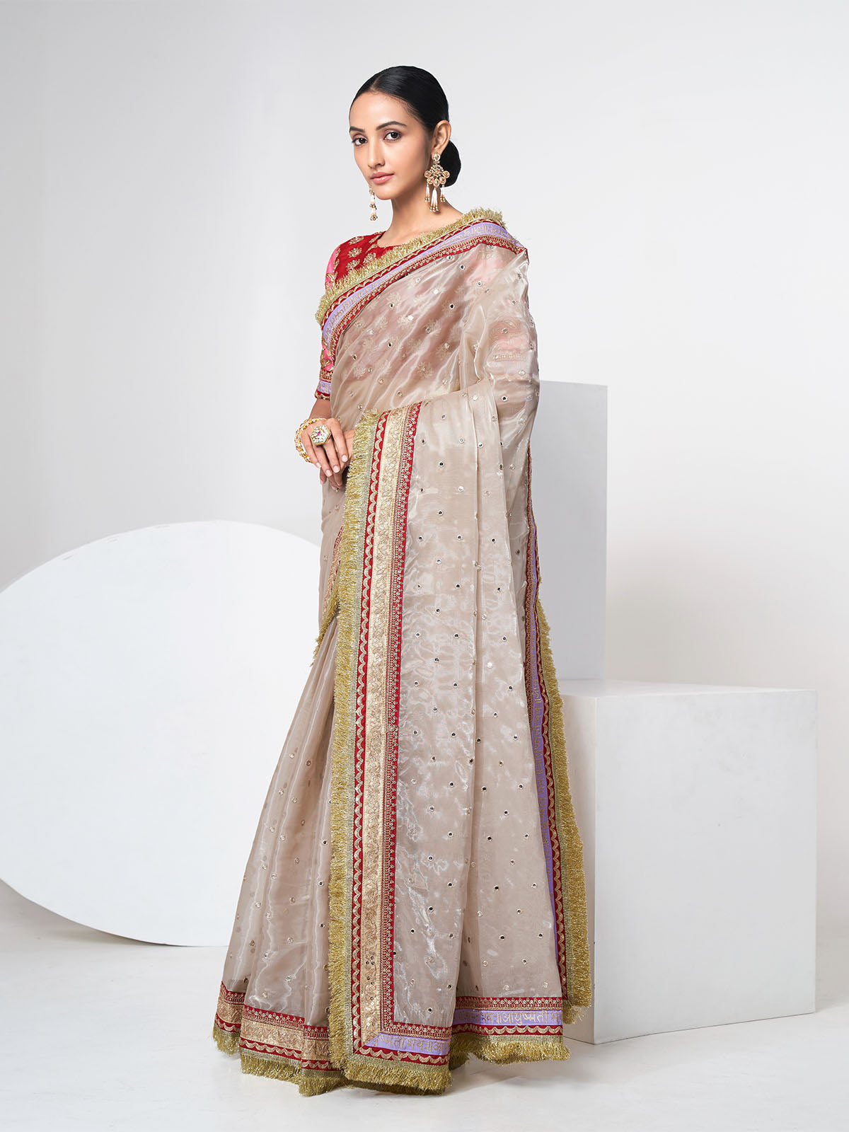 Beige Organza Saree With Unstitched Blouse