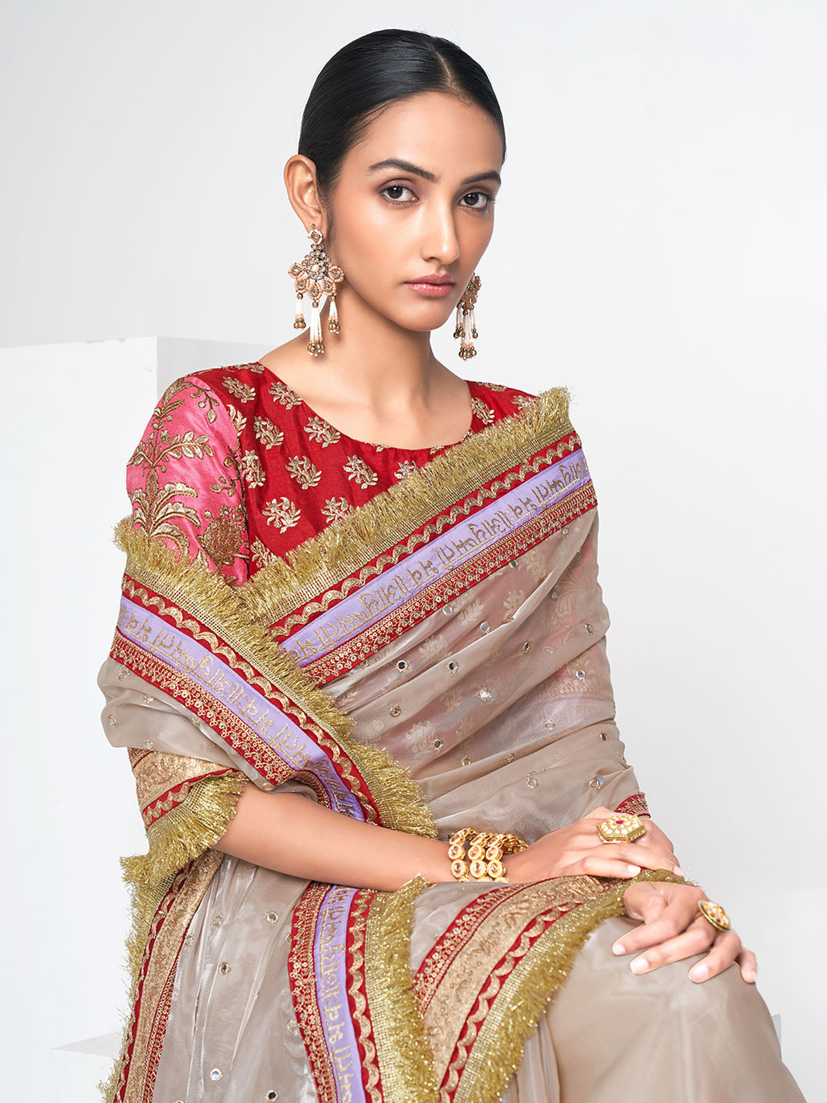 Beige Organza Saree With Unstitched Blouse