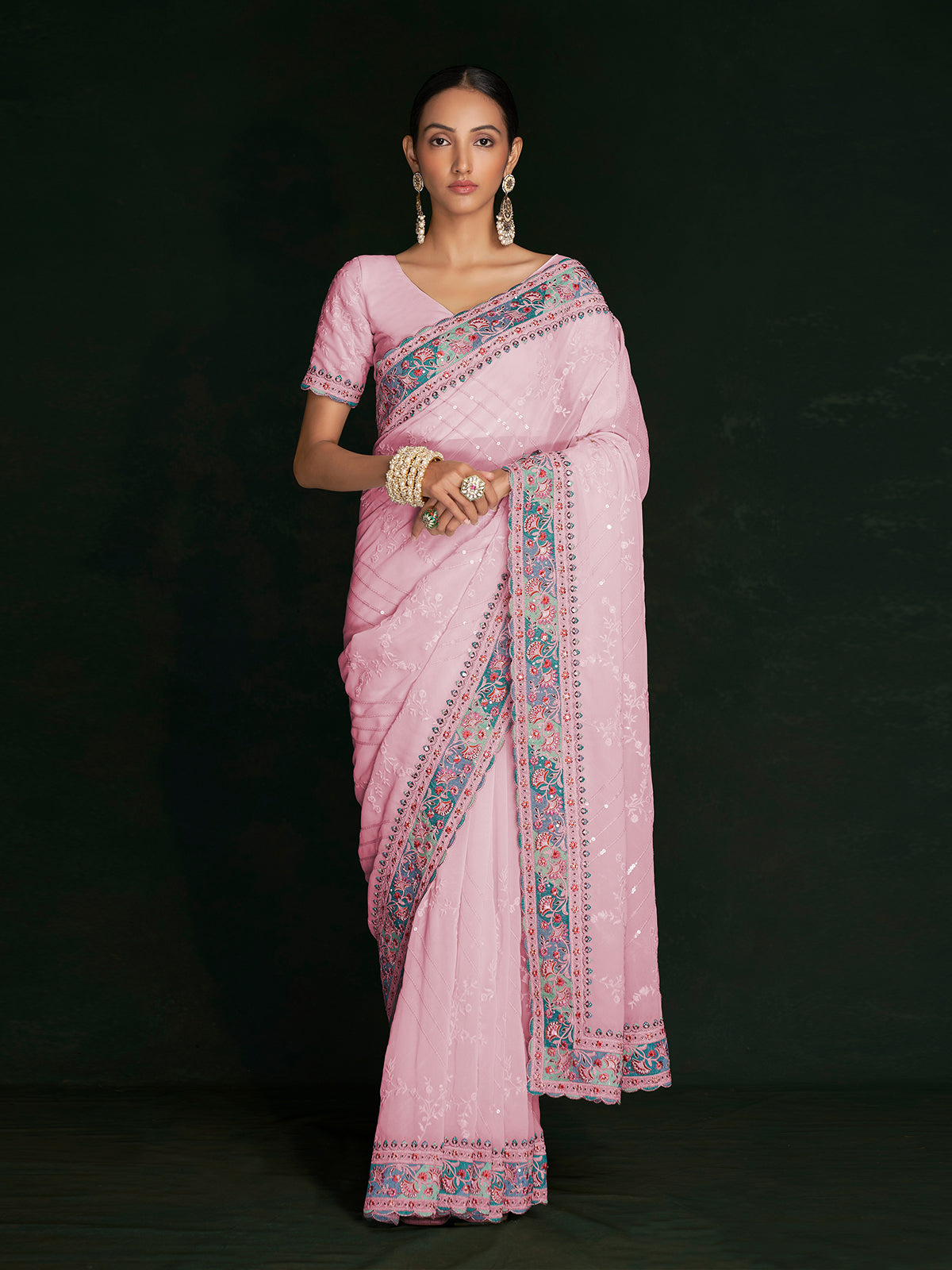 Stylish Pink Georgette Embroidered Saree With Unstitched Blouse