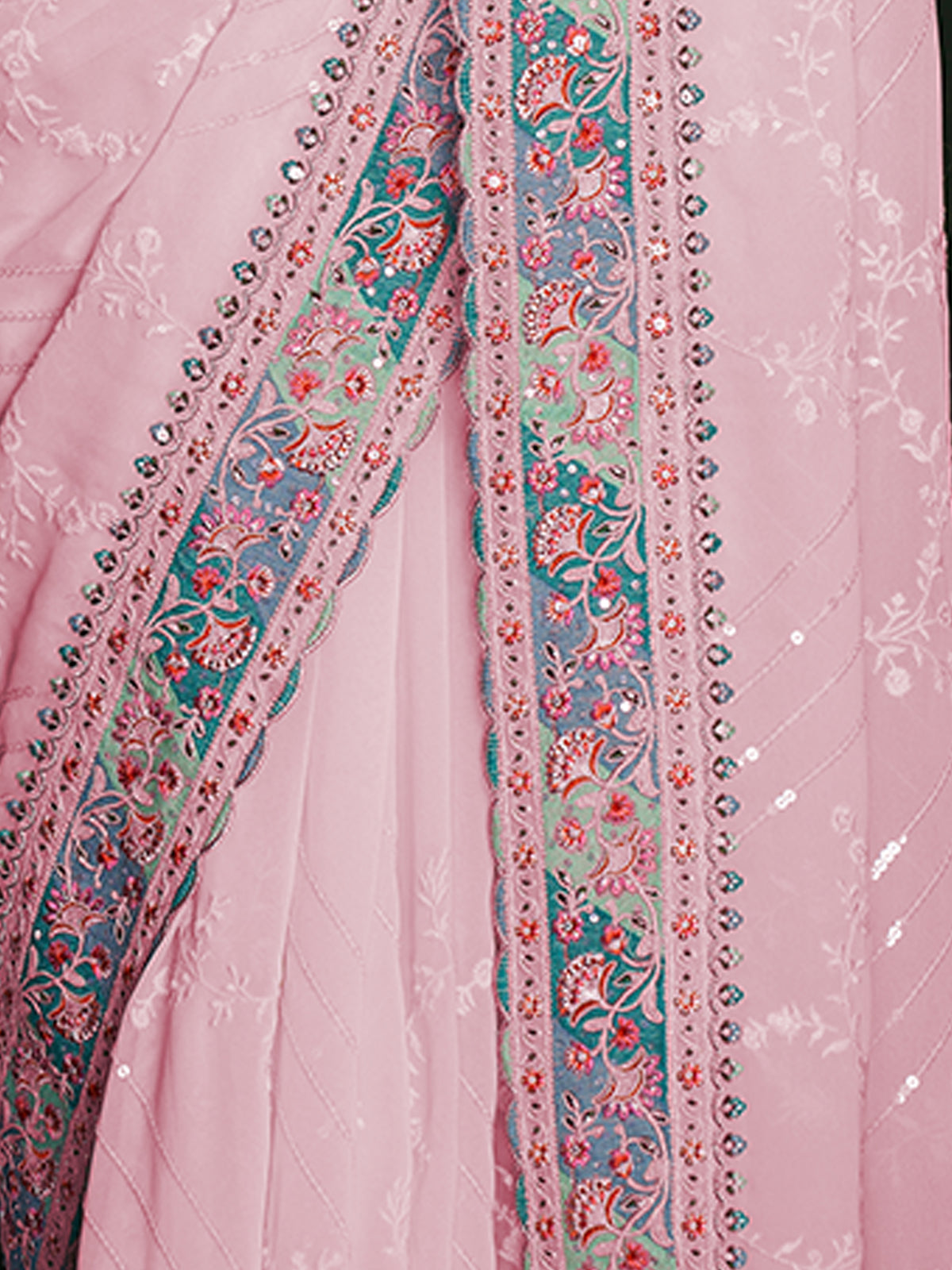 Stylish Pink Georgette Embroidered Saree With Unstitched Blouse