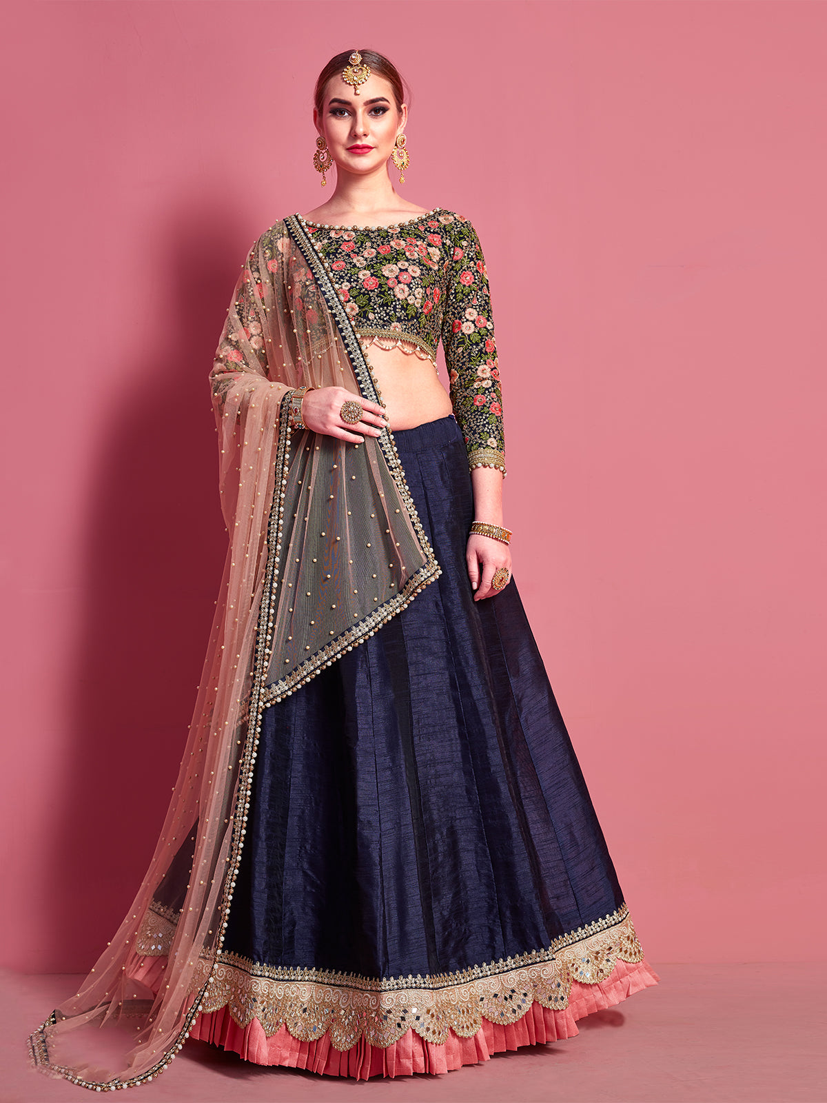 Dark Blue Embroidered Semi Stitched Lehenga With Unstitched Blouse