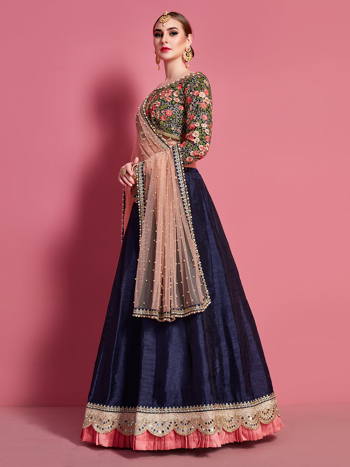 Dark Blue Embroidered Semi Stitched Lehenga With Unstitched Blouse