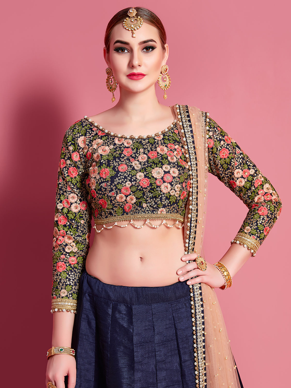 Dark Blue Embroidered Semi Stitched Lehenga With Unstitched Blouse