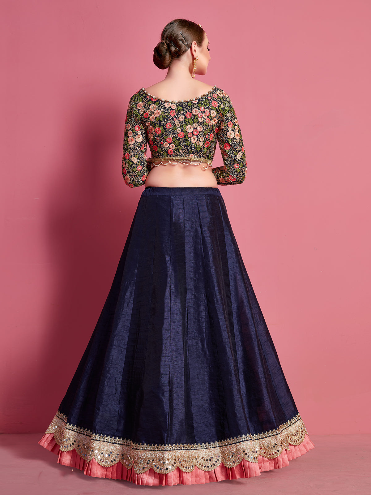 Dark Blue Embroidered Semi Stitched Lehenga With Unstitched Blouse