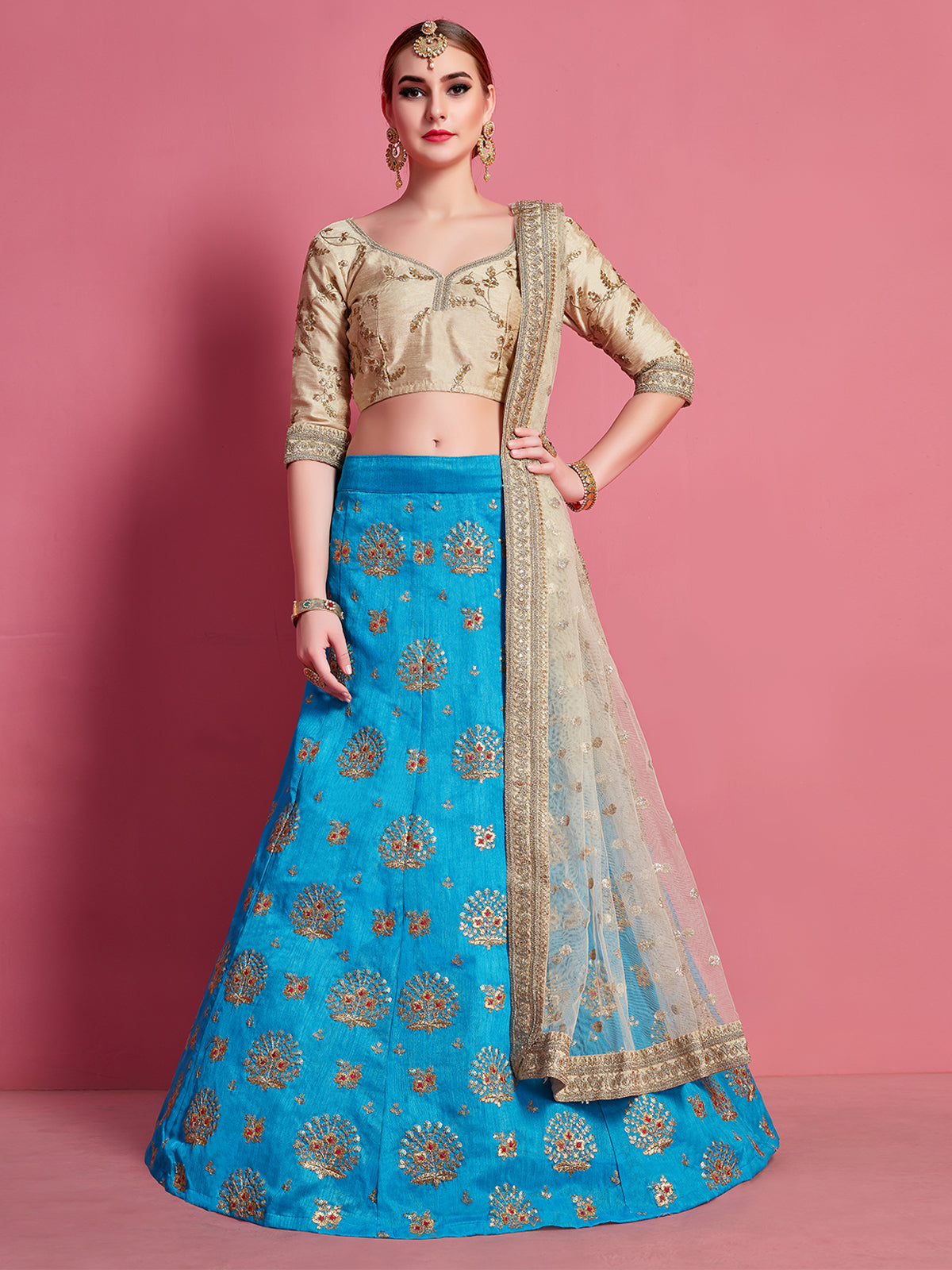 Sky Blue Embroidered Semi Stitched Lehenga With Unstitched Blouse