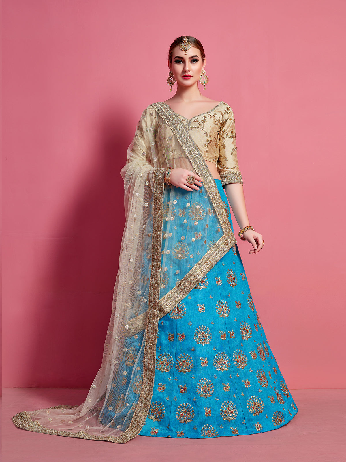 Sky Blue Embroidered Semi Stitched Lehenga With Unstitched Blouse