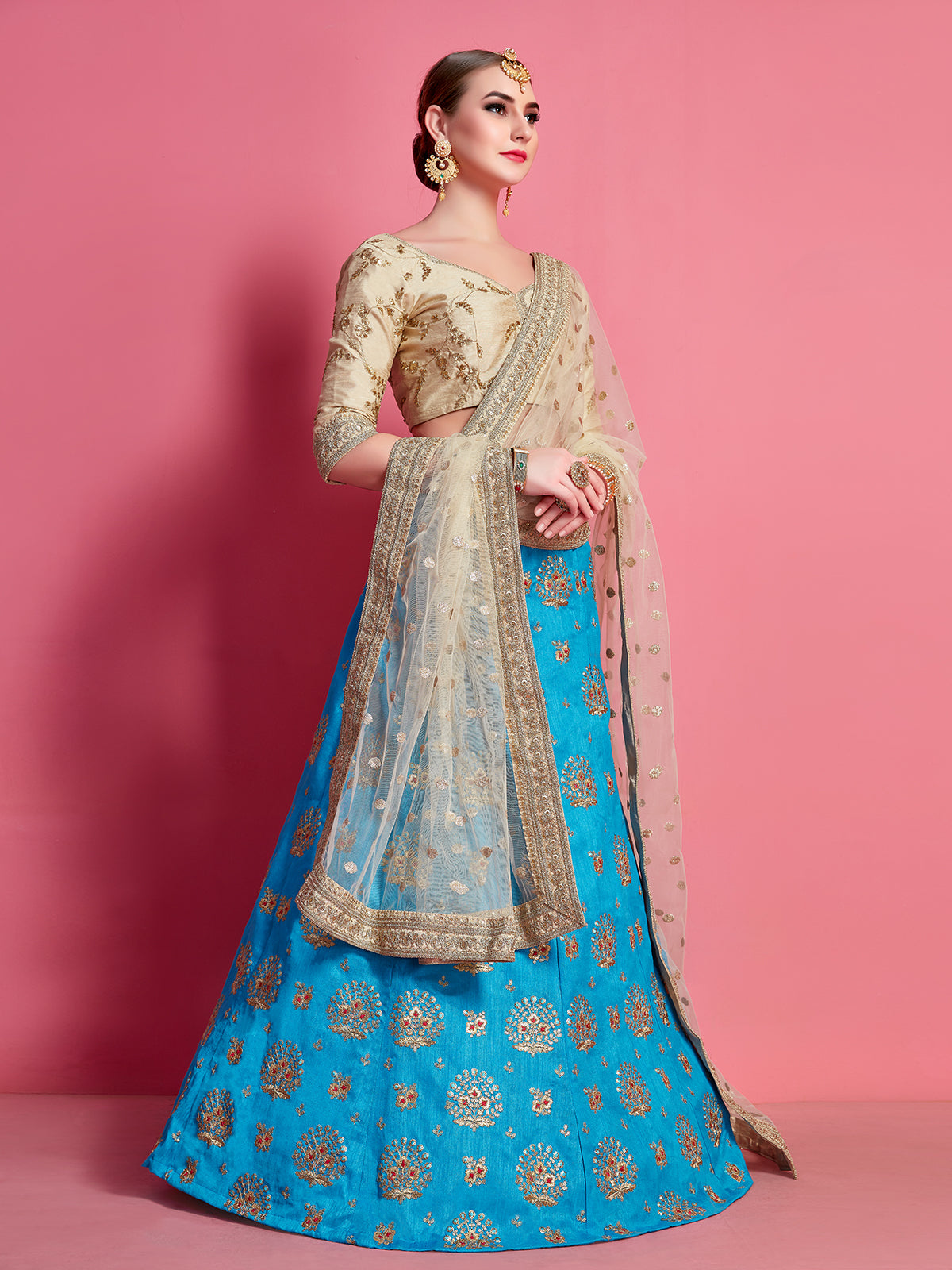 Sky Blue Embroidered Semi Stitched Lehenga With Unstitched Blouse