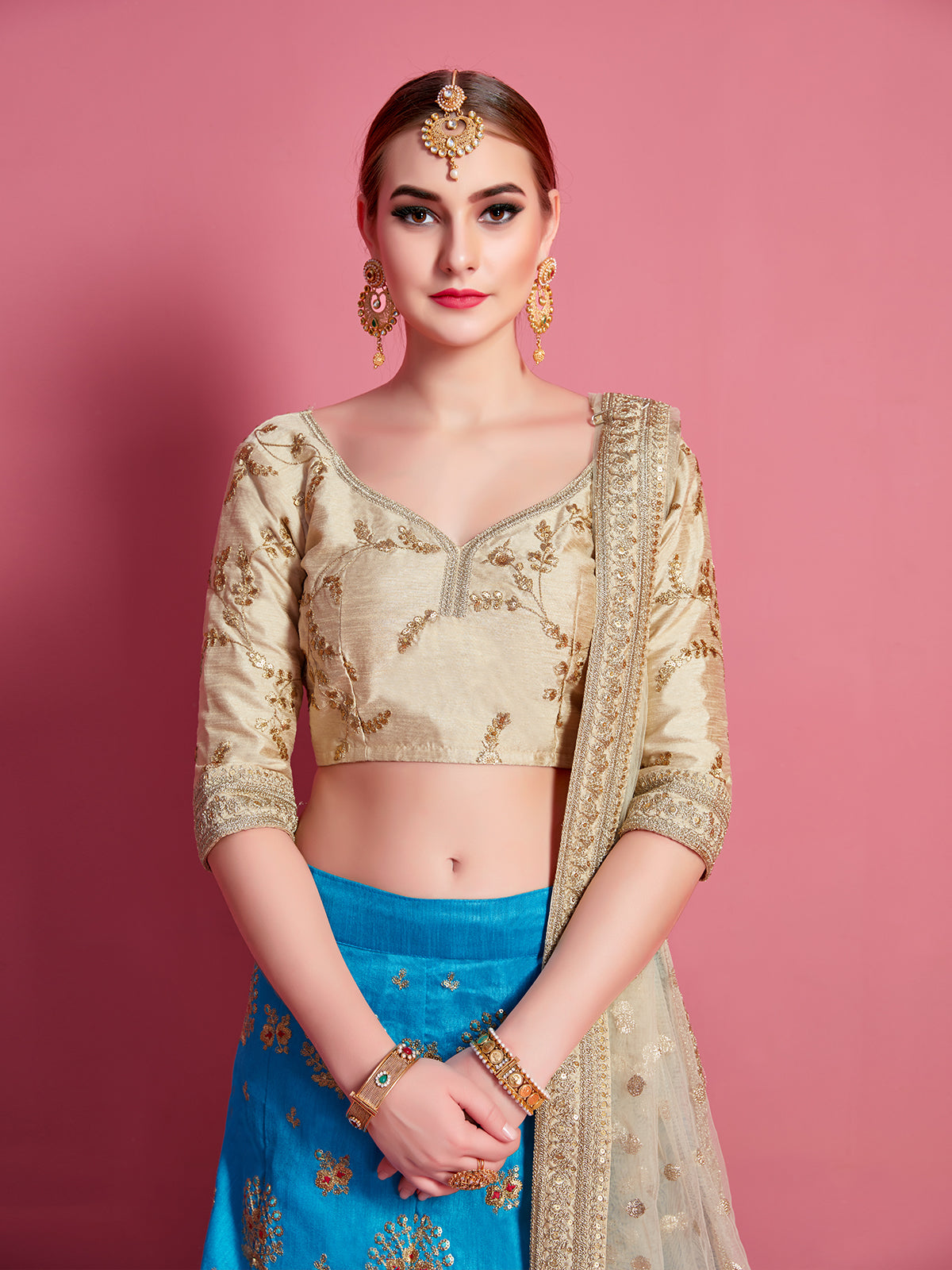 Sky Blue Embroidered Semi Stitched Lehenga With Unstitched Blouse
