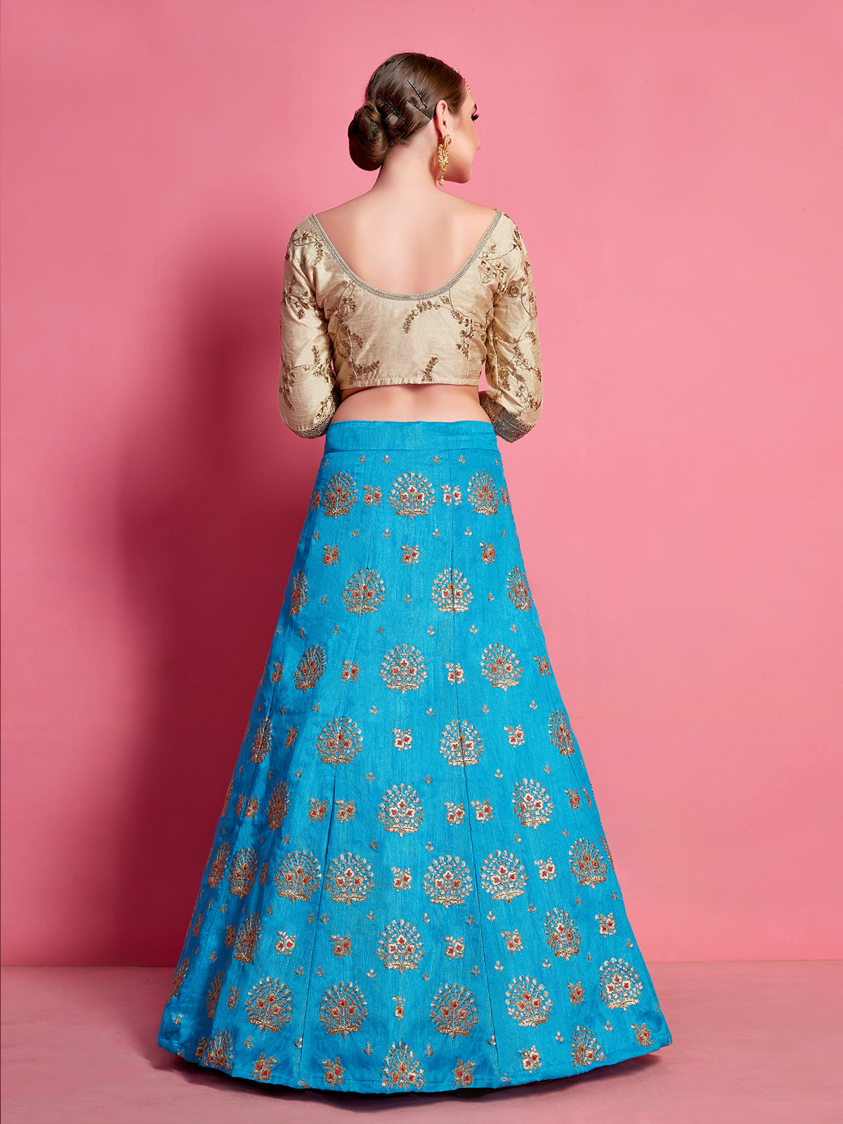 Sky Blue Embroidered Semi Stitched Lehenga With Unstitched Blouse