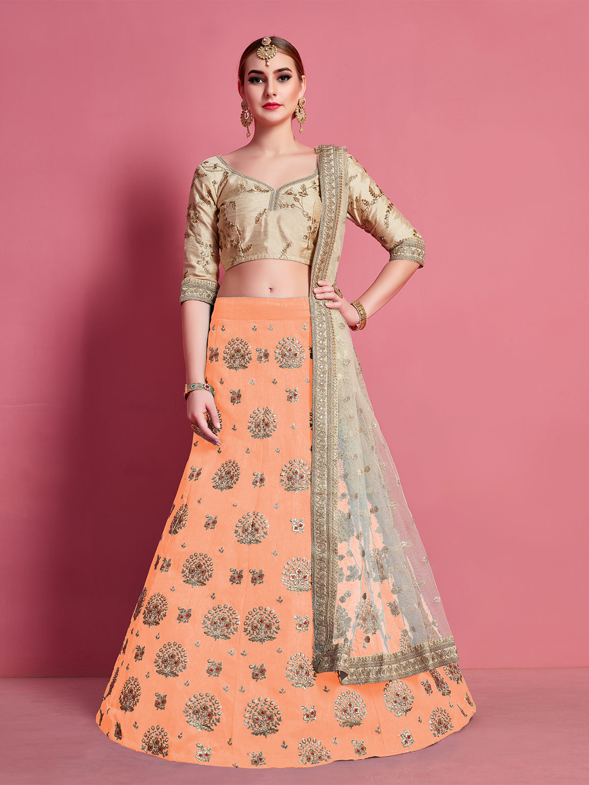 Orange Embroidered Semi Stitched Lehenga With Unstitched Blouse