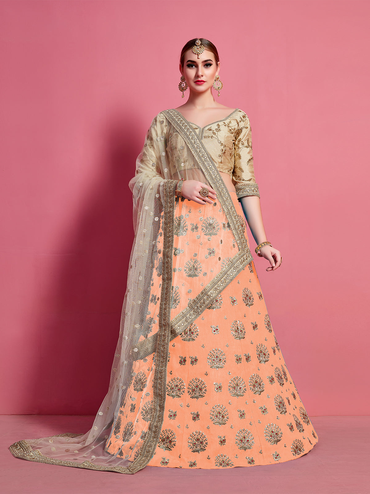 Orange Embroidered Semi Stitched Lehenga With Unstitched Blouse