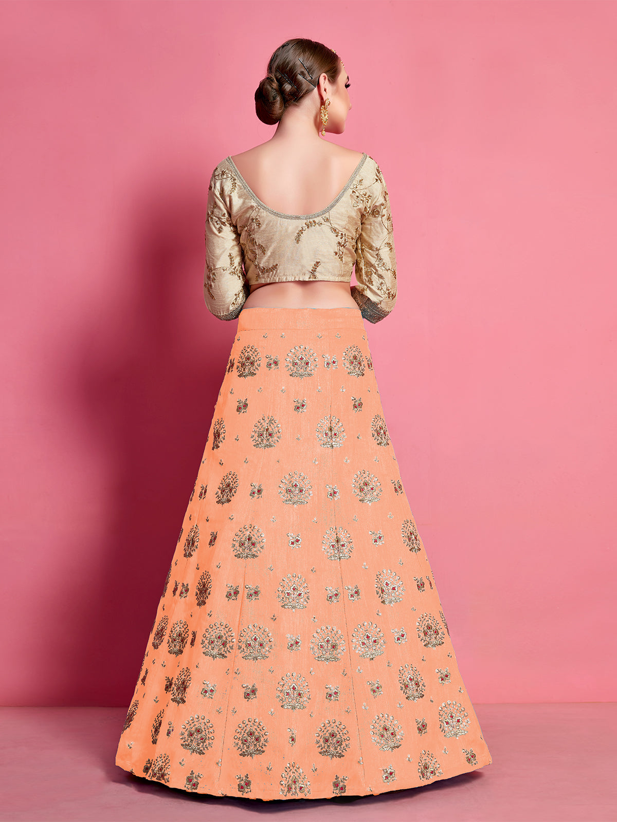 Orange Embroidered Semi Stitched Lehenga With Unstitched Blouse