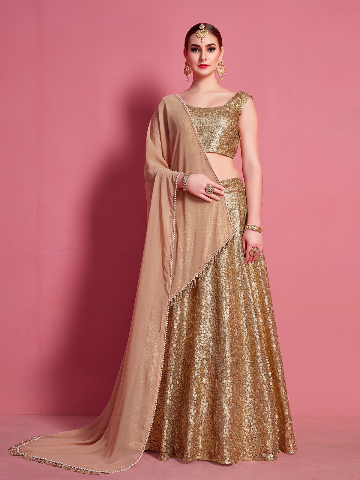 Golden Soft Net Semi Stitched Lehenga With Unstitched Blouse