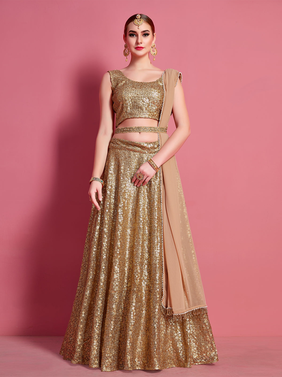 Golden Soft Net Semi Stitched Lehenga With Unstitched Blouse