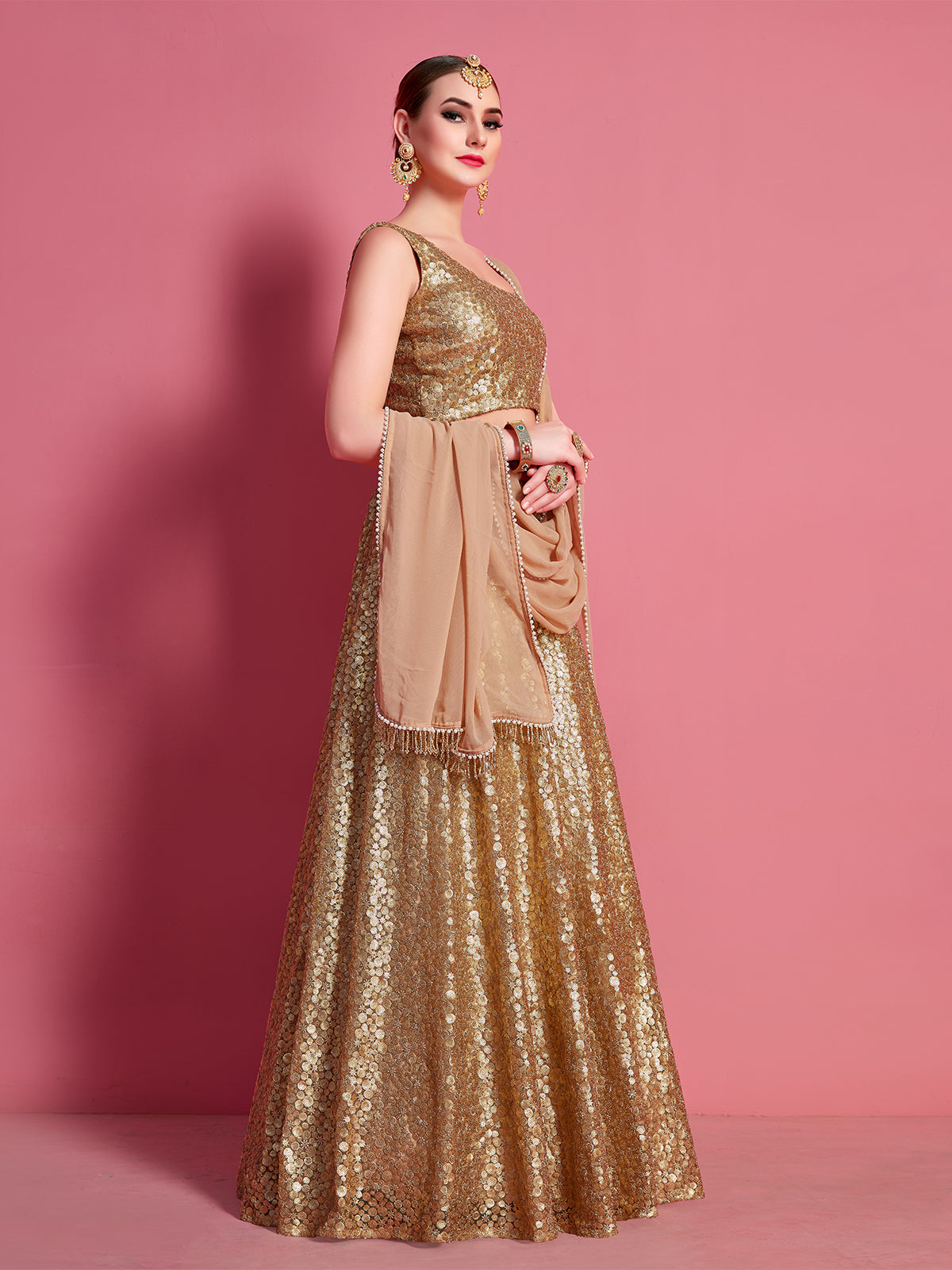 Golden Soft Net Semi Stitched Lehenga With Unstitched Blouse