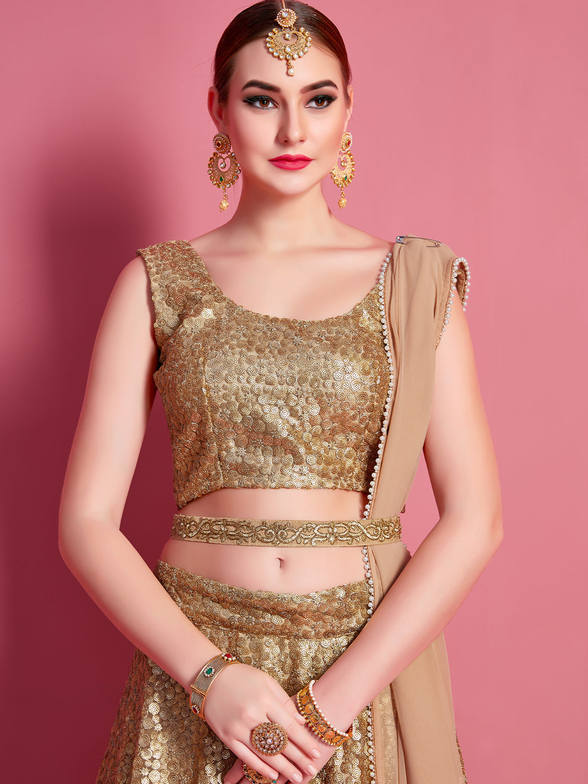Golden Soft Net Semi Stitched Lehenga With Unstitched Blouse