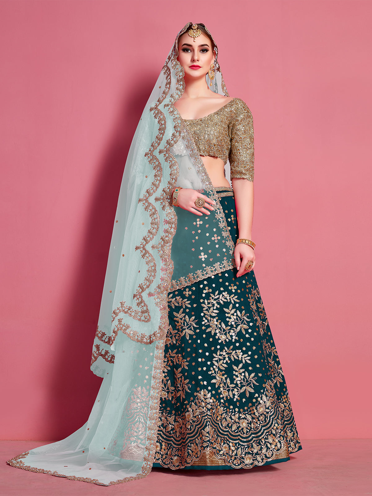Teal Embroidered Semi Stitched Lehenga With Unstitched Blouse